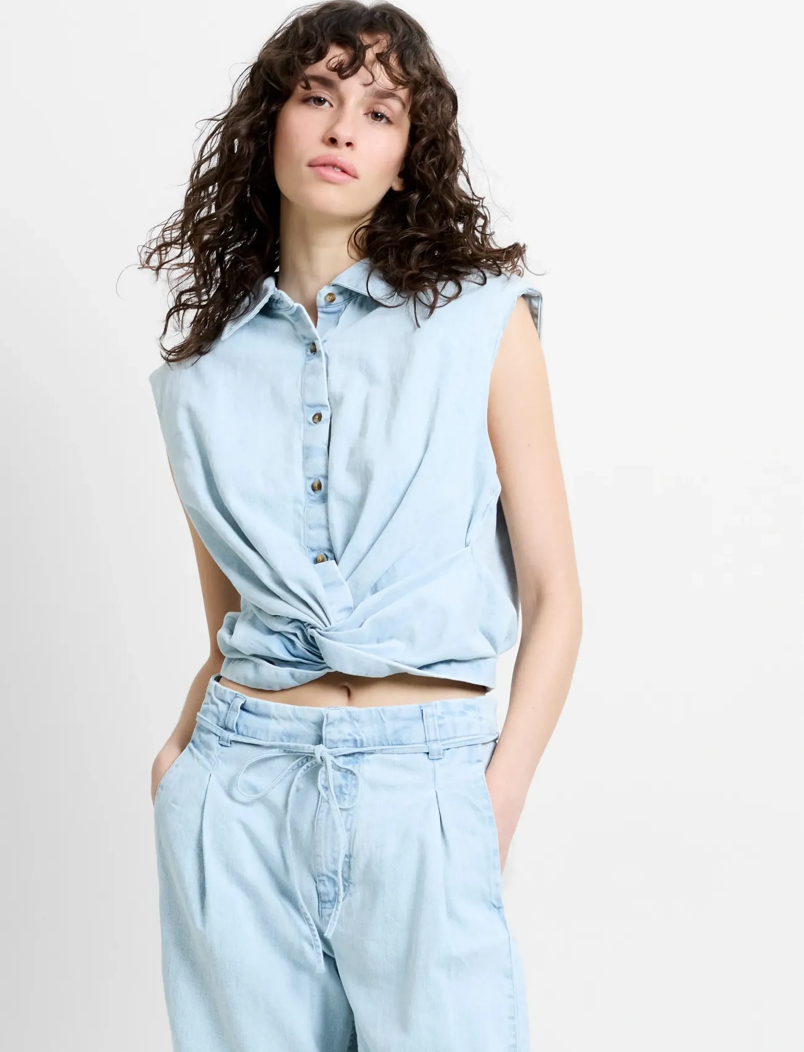 French Connection Chess Twist Cropped Denm Shirt, L, Blue, Crop Overdele > Crop Overdele Uden Ærmer, Dame