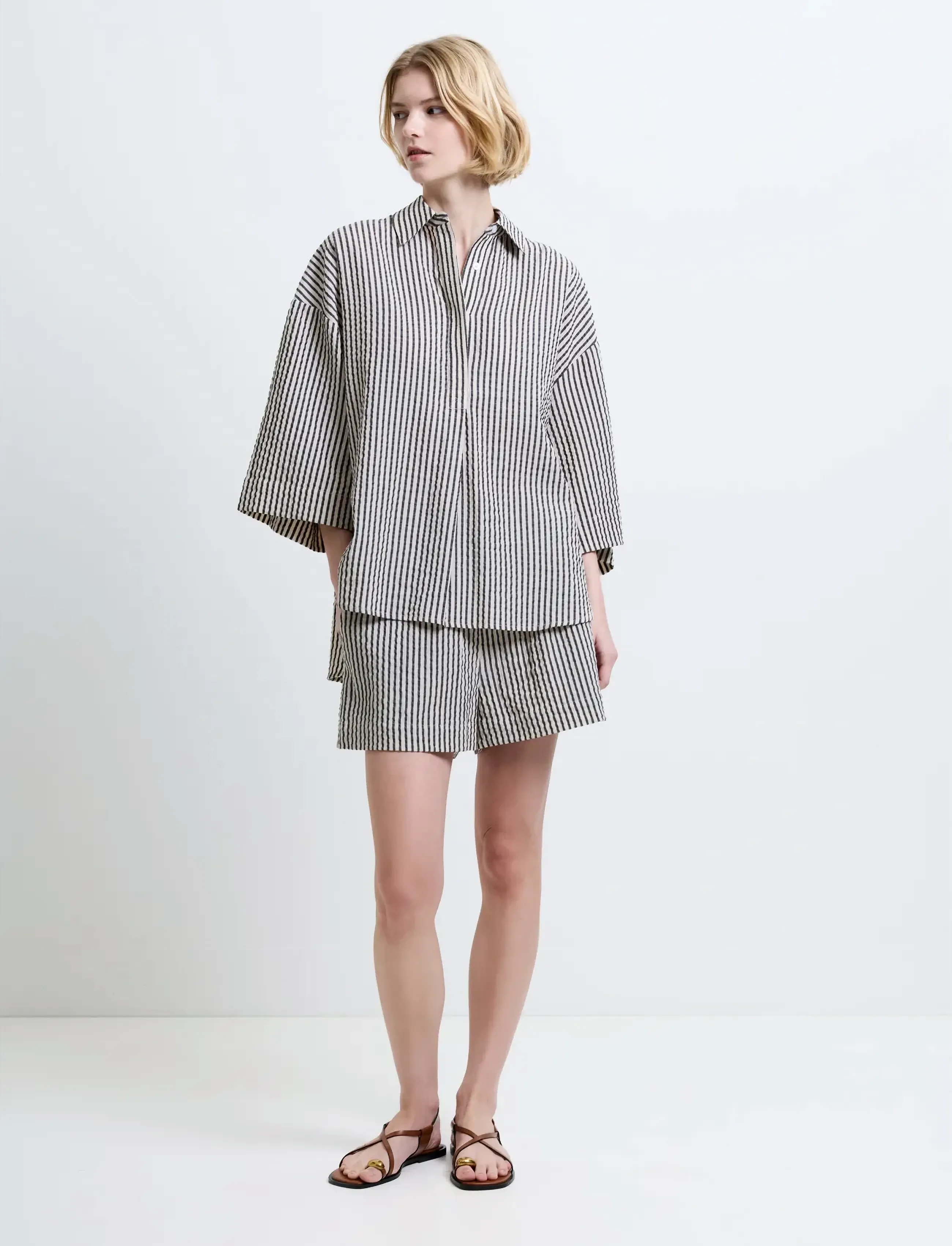 French Connection Lia Seersucker Striped Shirt, M, Cream, Skjorter > Kortærmede, Dame