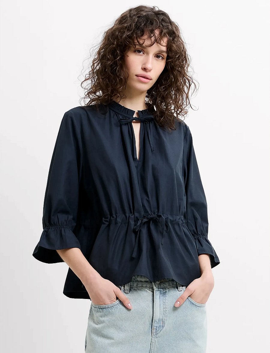 French Connection - ERA POPLIN RUFFLE COLLAR TOP - långärmade blusar - navy - 0