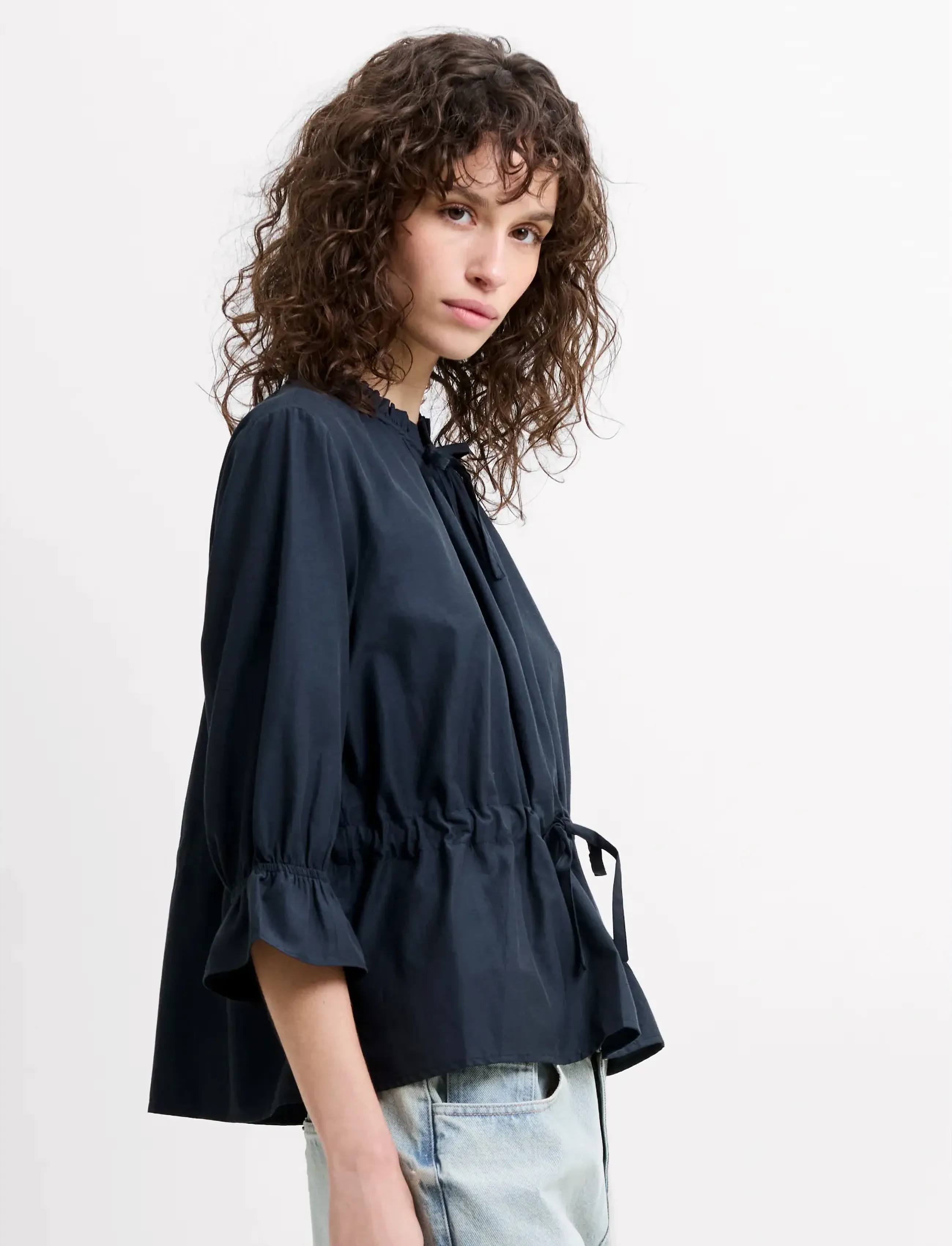 French Connection - ERA POPLIN RUFFLE COLLAR TOP - long sleeved blouses - navy - 2