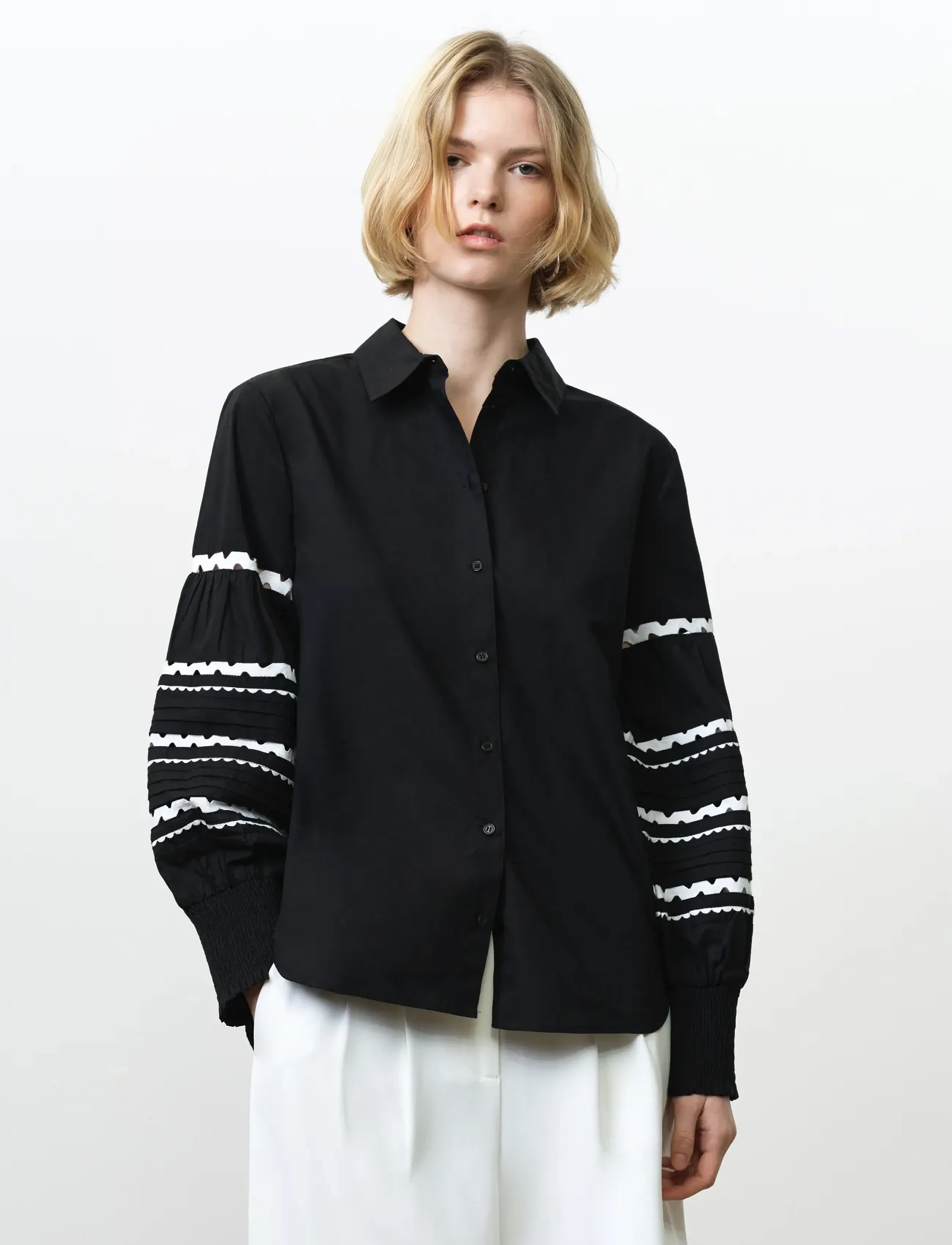 French Connection Cambria Cotton Ric Rac Shirt, Kvinder, Ric Rac Puffærme Skjorte, Sort, Str: L