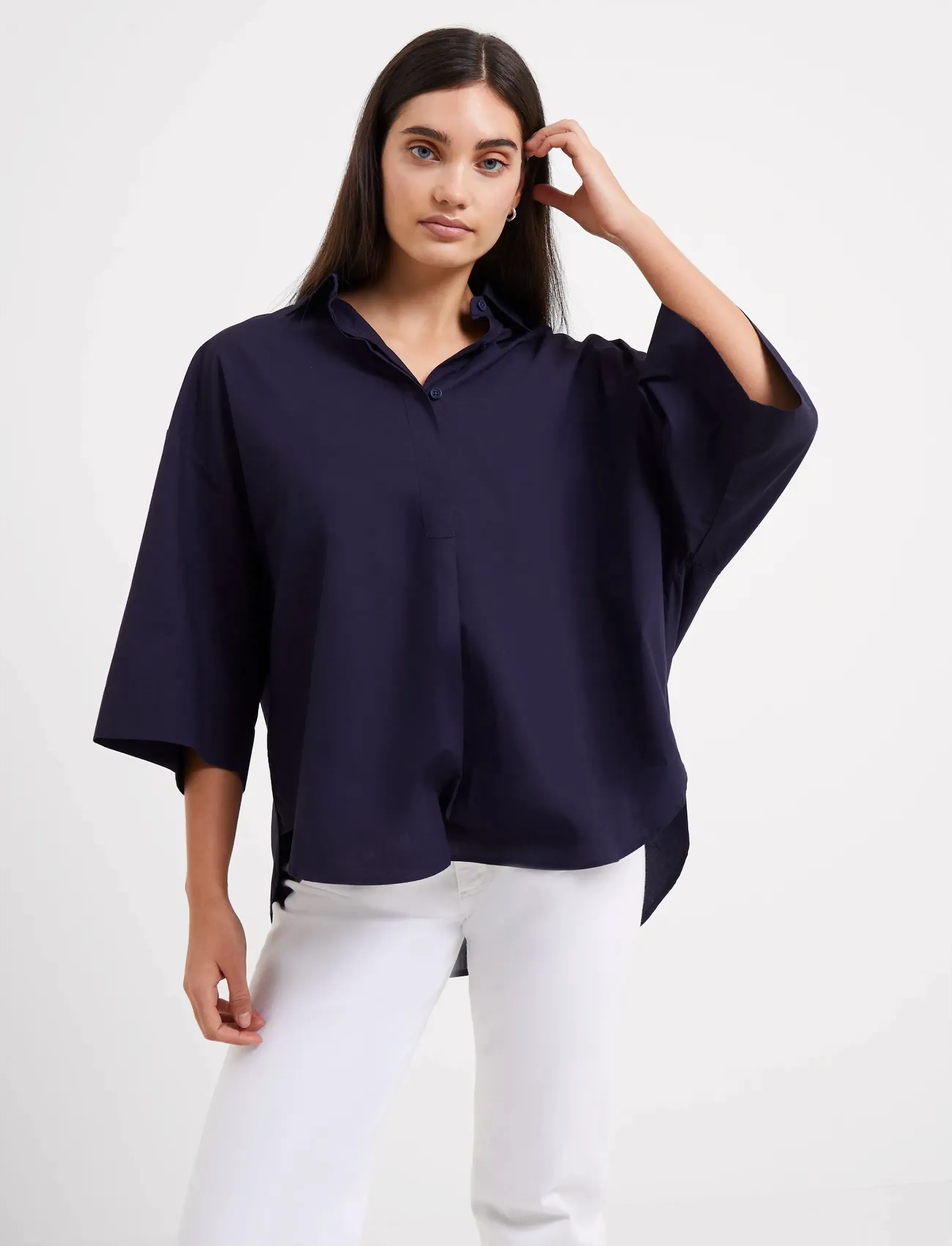 French Connection RHODES POPLIN SS POPOVER - Long-sleeved shirts - MARINE / navy