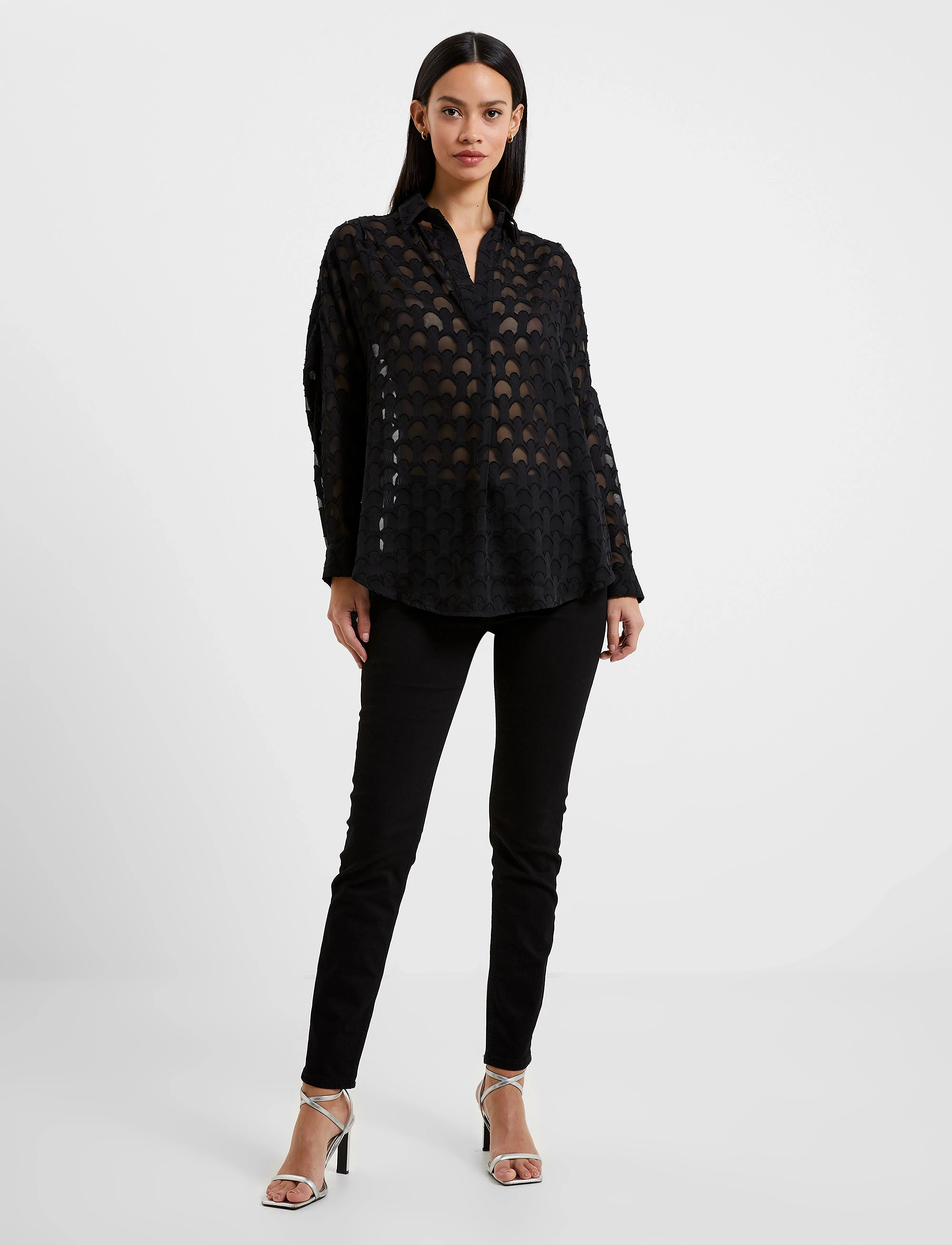 French Connection Geo Burnout Popover Shirt, S, Black, Skjorter > Langærmede, Dame