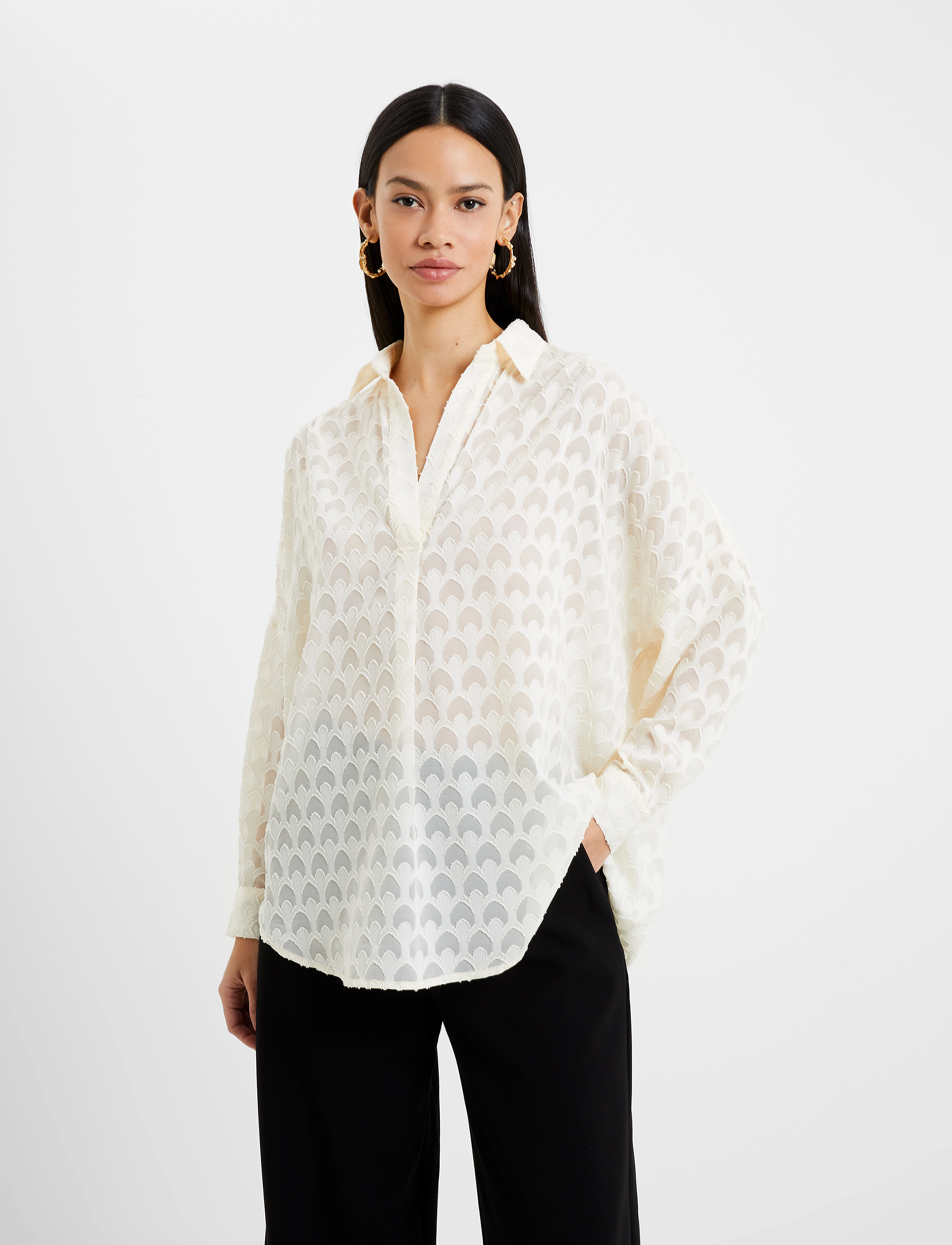 French Connection Geo Burnout Popover Shirt, XS, Shirts, Beige - Long-sleeved, Frauen