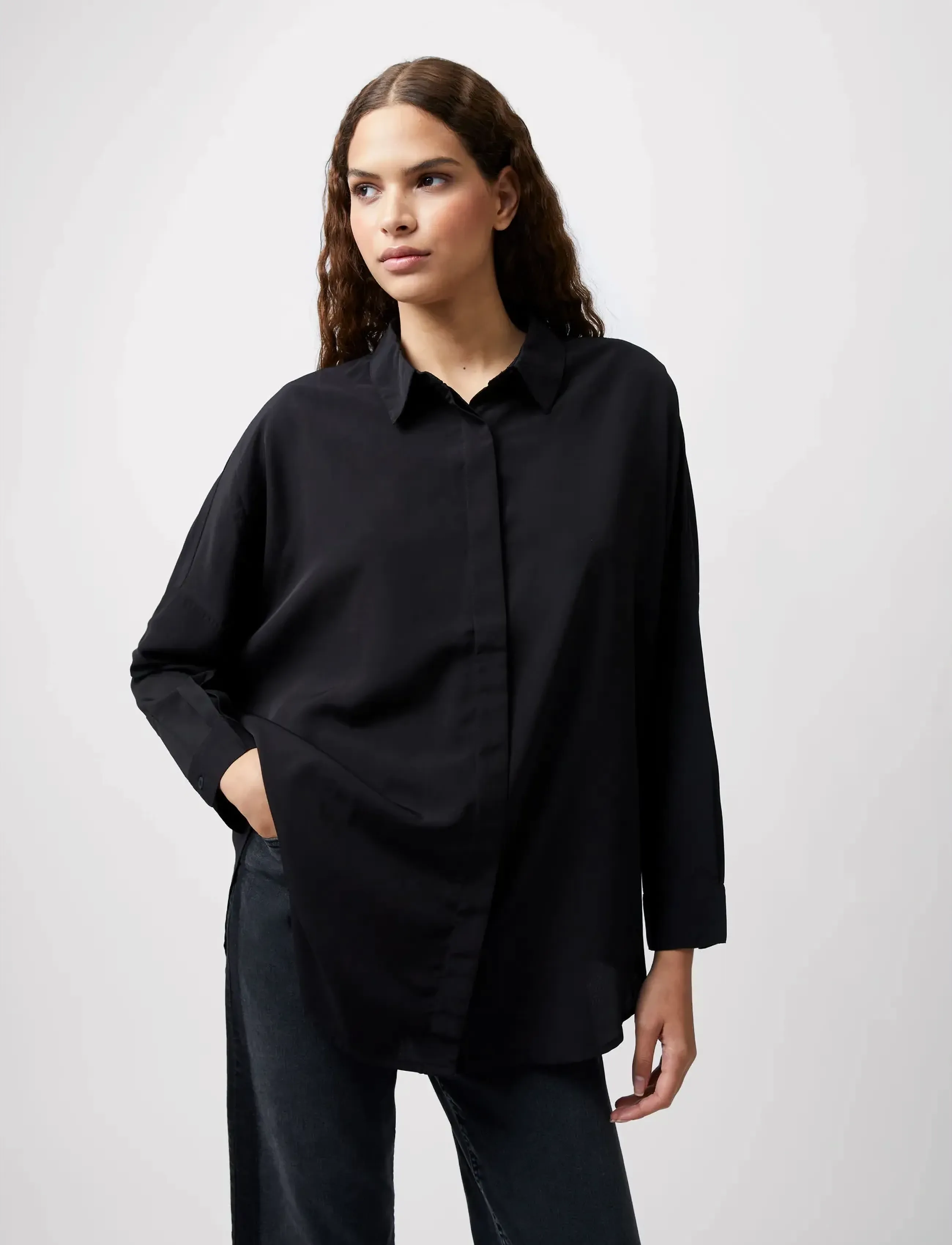 French Connection Caprina Crepe Ls Button Shirt, XL, Black, Skjorter > Langærmede, Dame