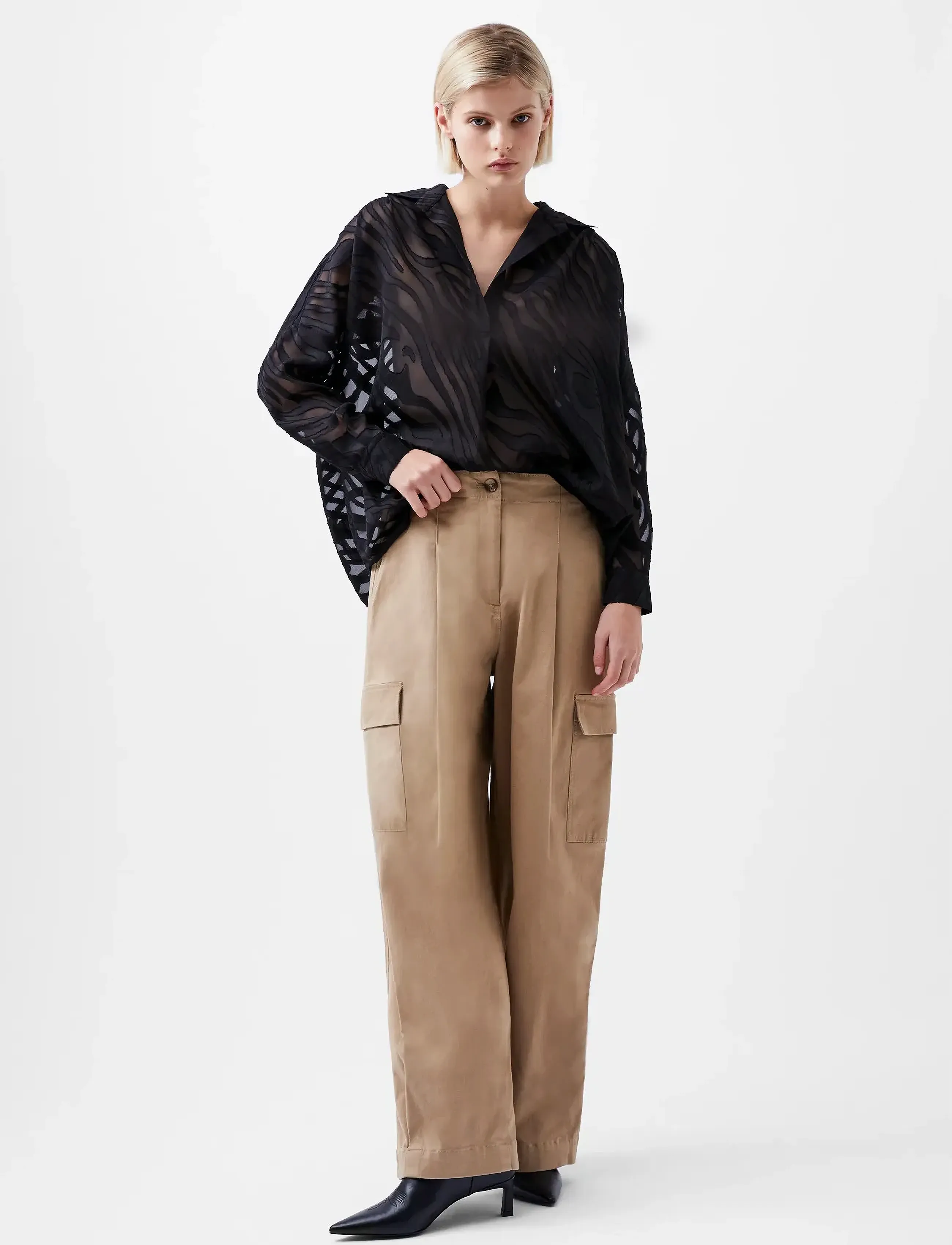 French Connection Zebra Devore Popover, Kvinder, Zebra Devoré Popover Bluse, Sort, Str: S