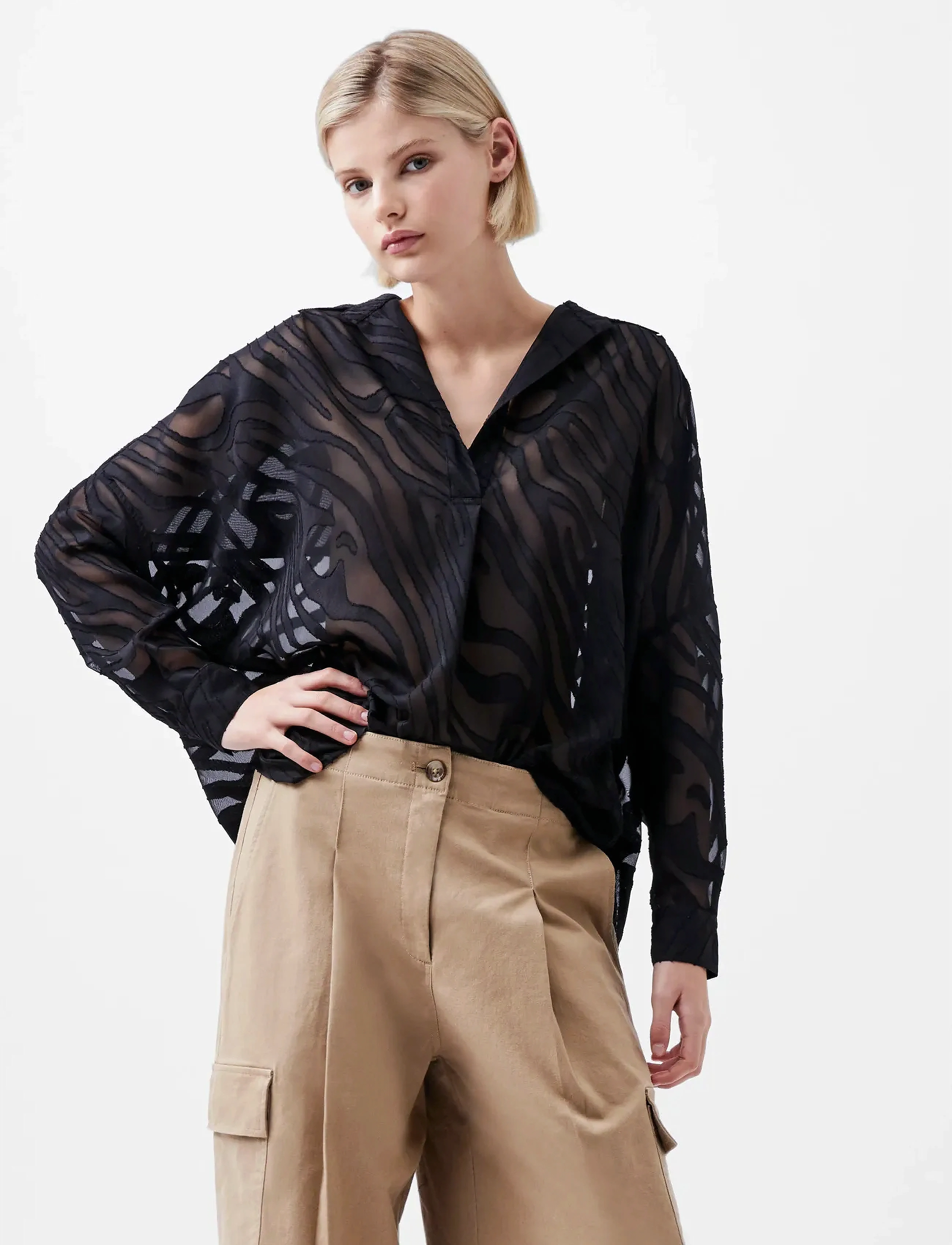 French Connection - ZEBRA DEVORE POPOVER - pikkade varrukatega särgid - black - 3