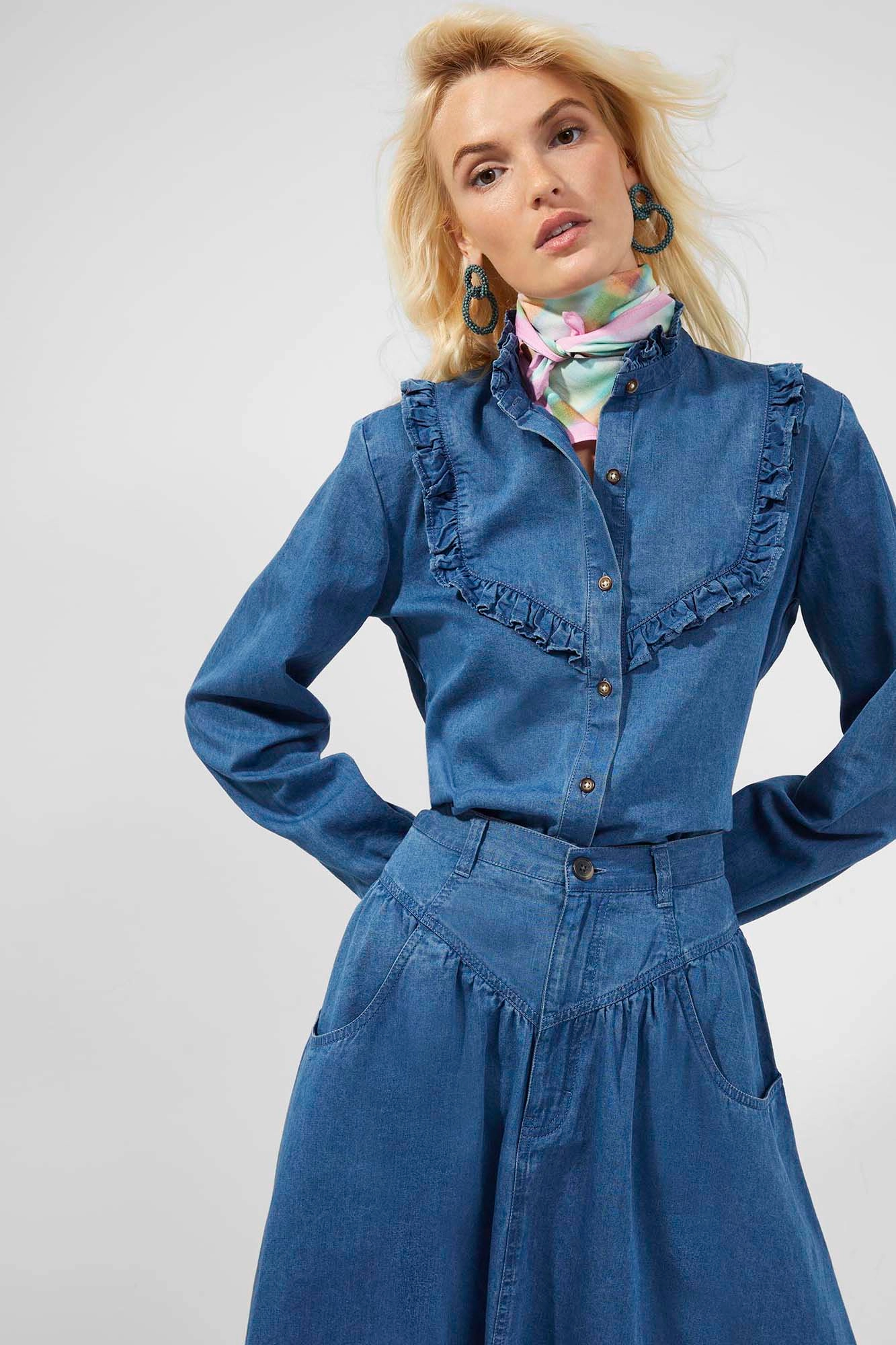 French Connection - ZAVES CHAMBRAY RUFFLE BLOUSE - dark stone wash - 2