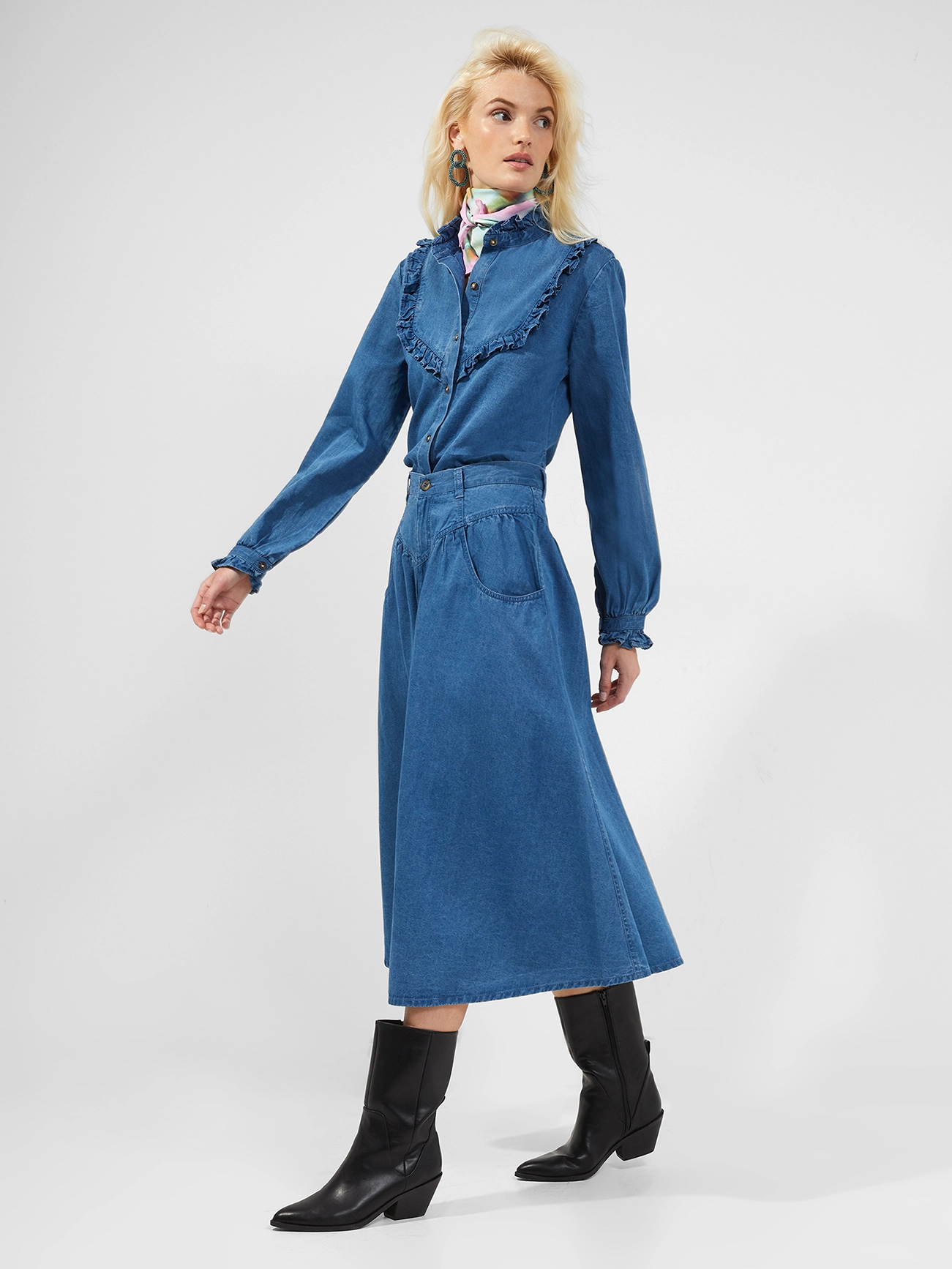 French Connection - ZAVES CHAMBRAY RUFFLE BLOUSE - dark stone wash - 3