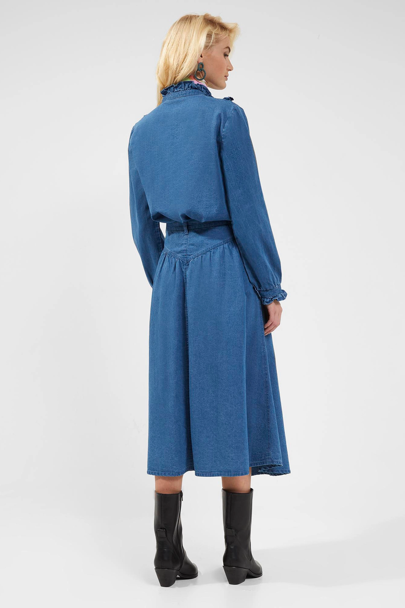 French Connection - ZAVES CHAMBRAY RUFFLE BLOUSE - dark stone wash - 4