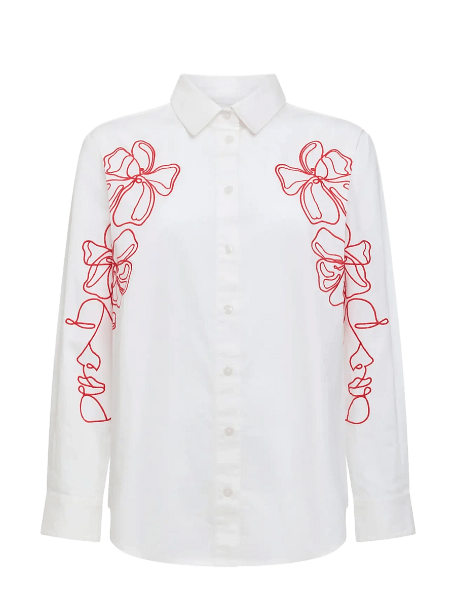 French Connection - ALEXIS COTTON EMBROIDERED LINE DRAWING SHIRT - langärmlige hemden - lin wht/rouge red - 1