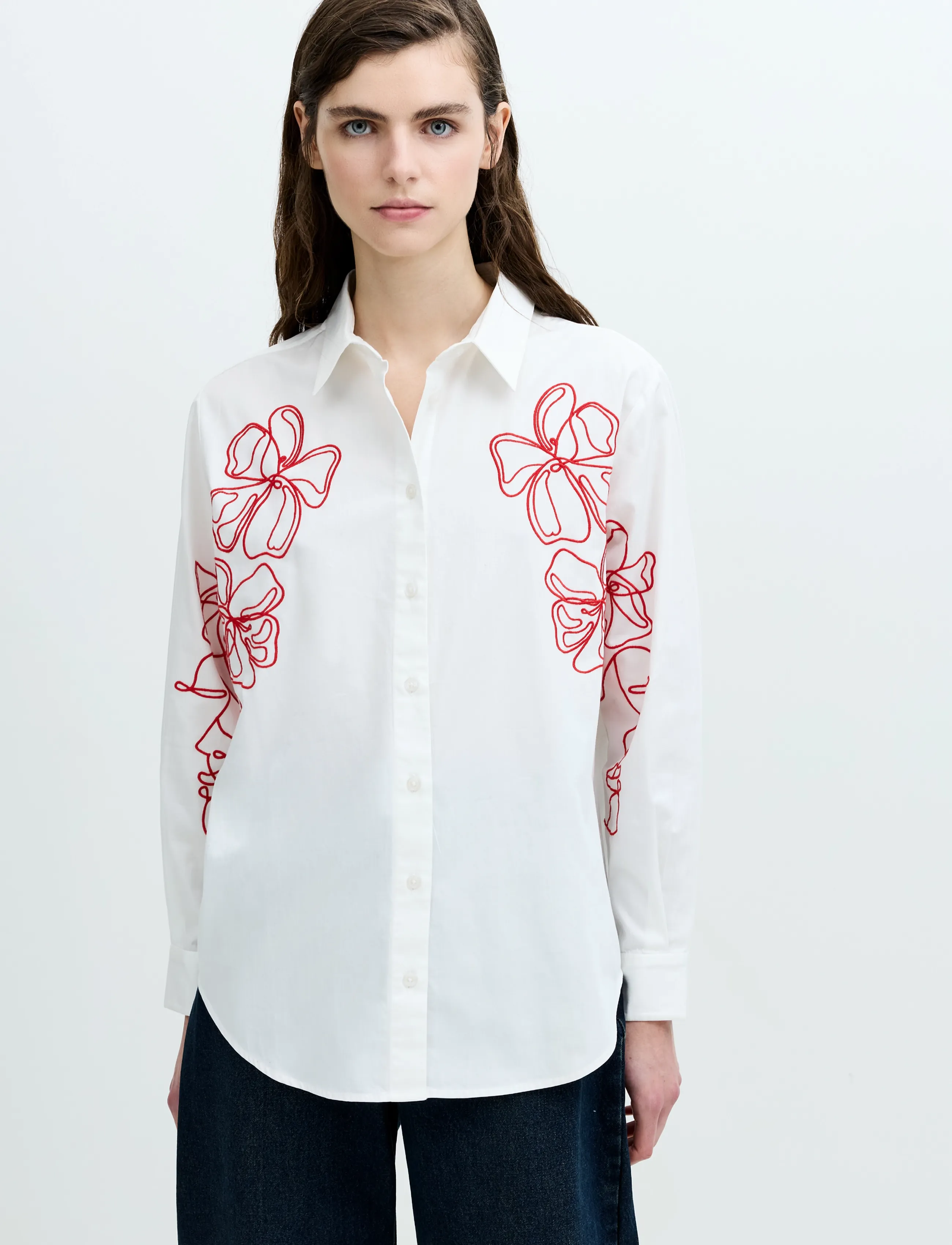French Connection Alexis Cotton Embroidered Line Drawing Shirt, XL, White, Skjorter > Langærmede, Dame