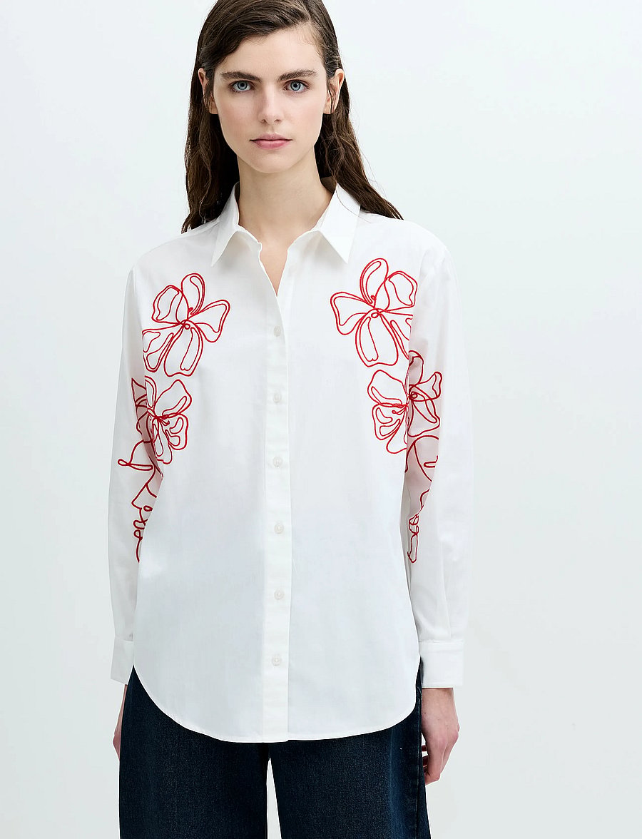 French Connection - ALEXIS COTTON EMBROIDERED LINE DRAWING SHIRT - langärmlige hemden - lin wht/rouge red - 0