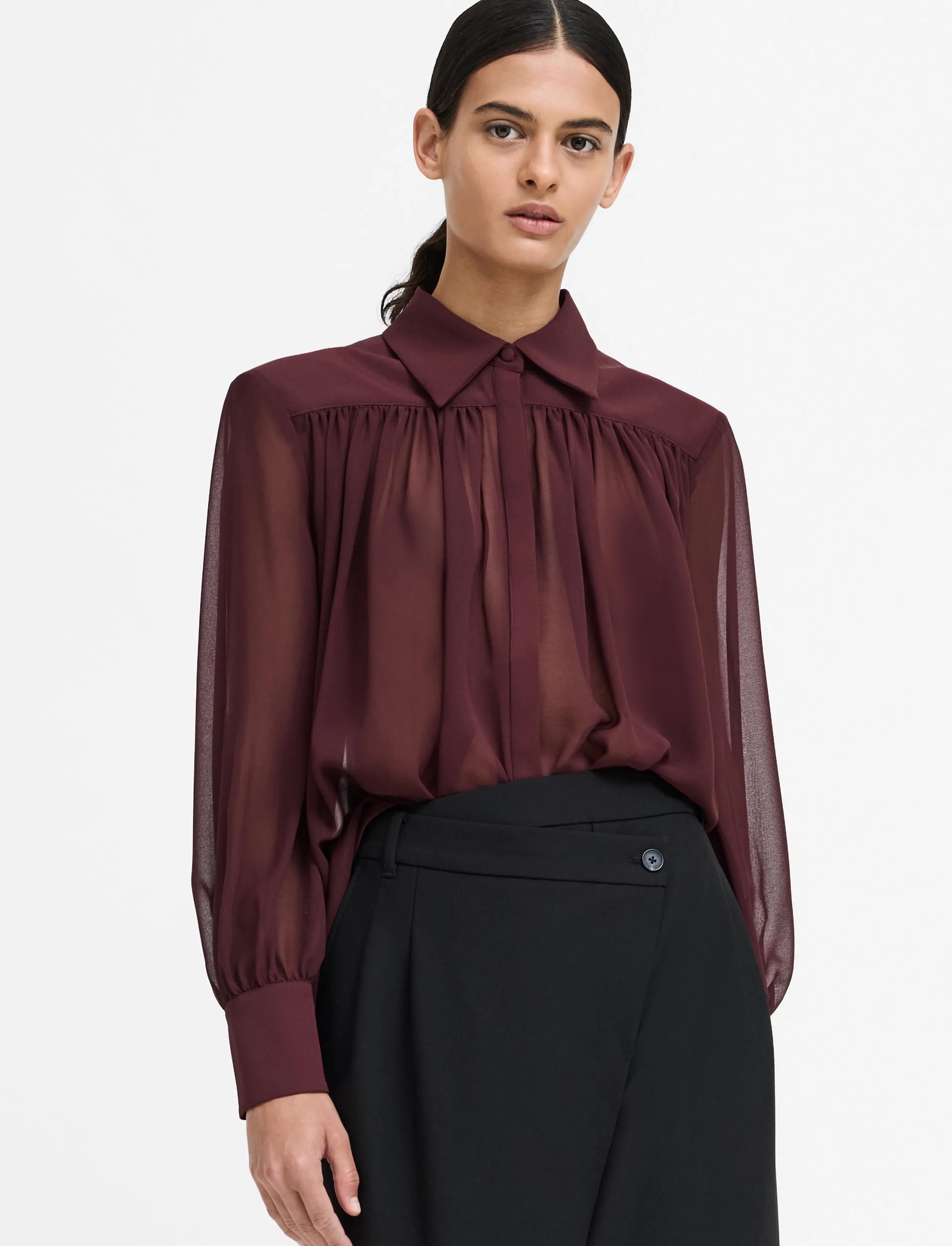 French Connection - AREZZO WIDE SHOULDER SHIRT - long-sleeved shirts - cherry liqueur - 0