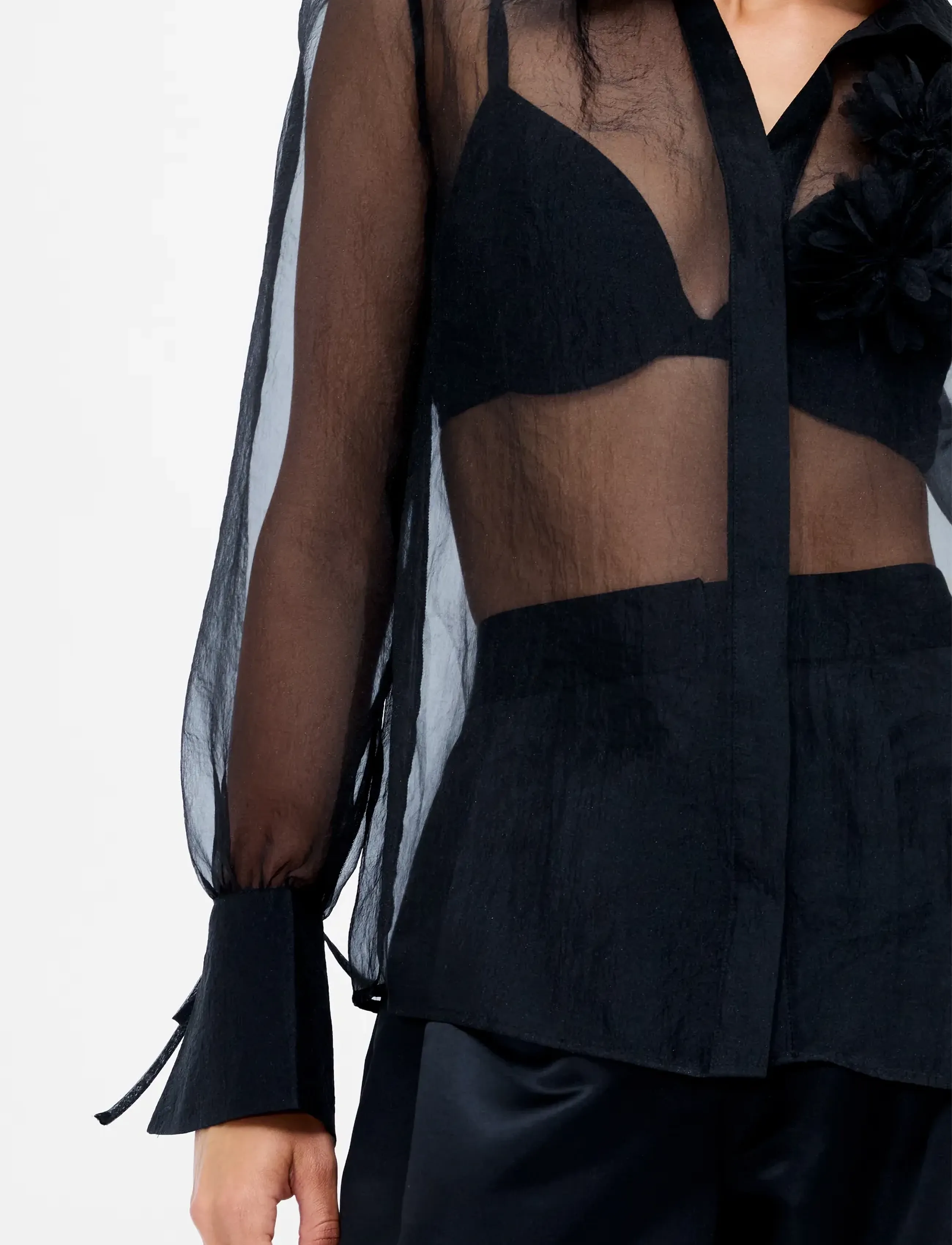 French Connection - MAI FLORAL DETAIL TIE CUFF SHIRT - long-sleeved shirts - black - 3