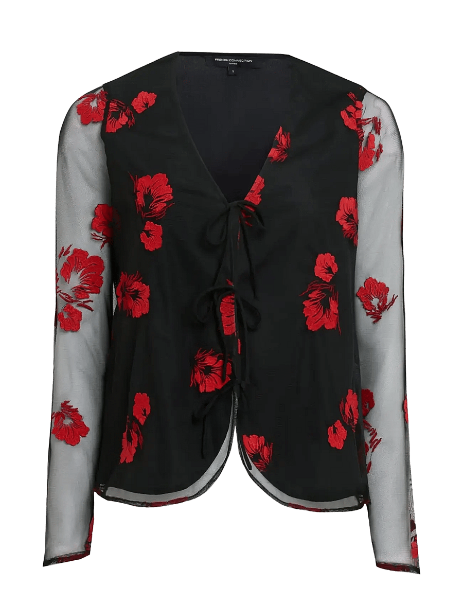 French Connection - AURORA FLORAL EMBROIDERED TIE FRONT TOP - long sleeved blouses - black multi - 1