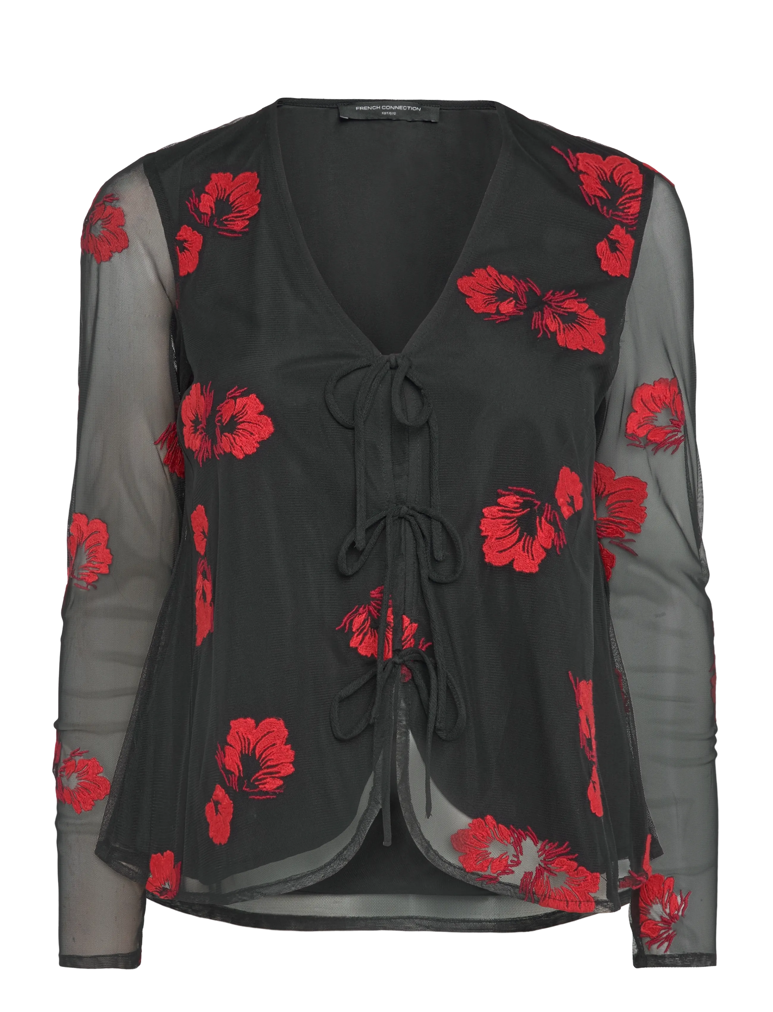 French Connection AURORA FLORAL EMBROIDERED TIE FRONT TOP - Transitional Layering - BLACK MULTI / black