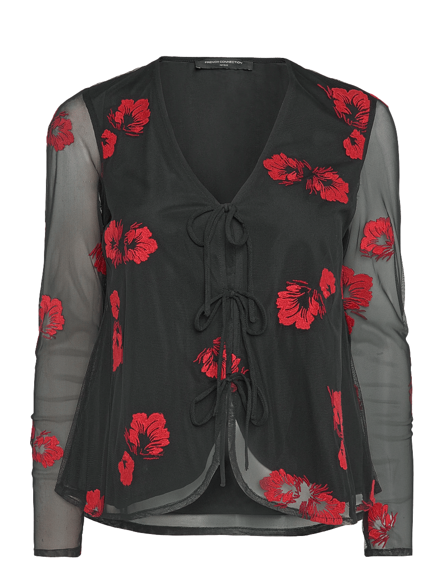 French Connection - AURORA FLORAL EMBROIDERED TIE FRONT TOP - langærmede bluser - black multi - 1