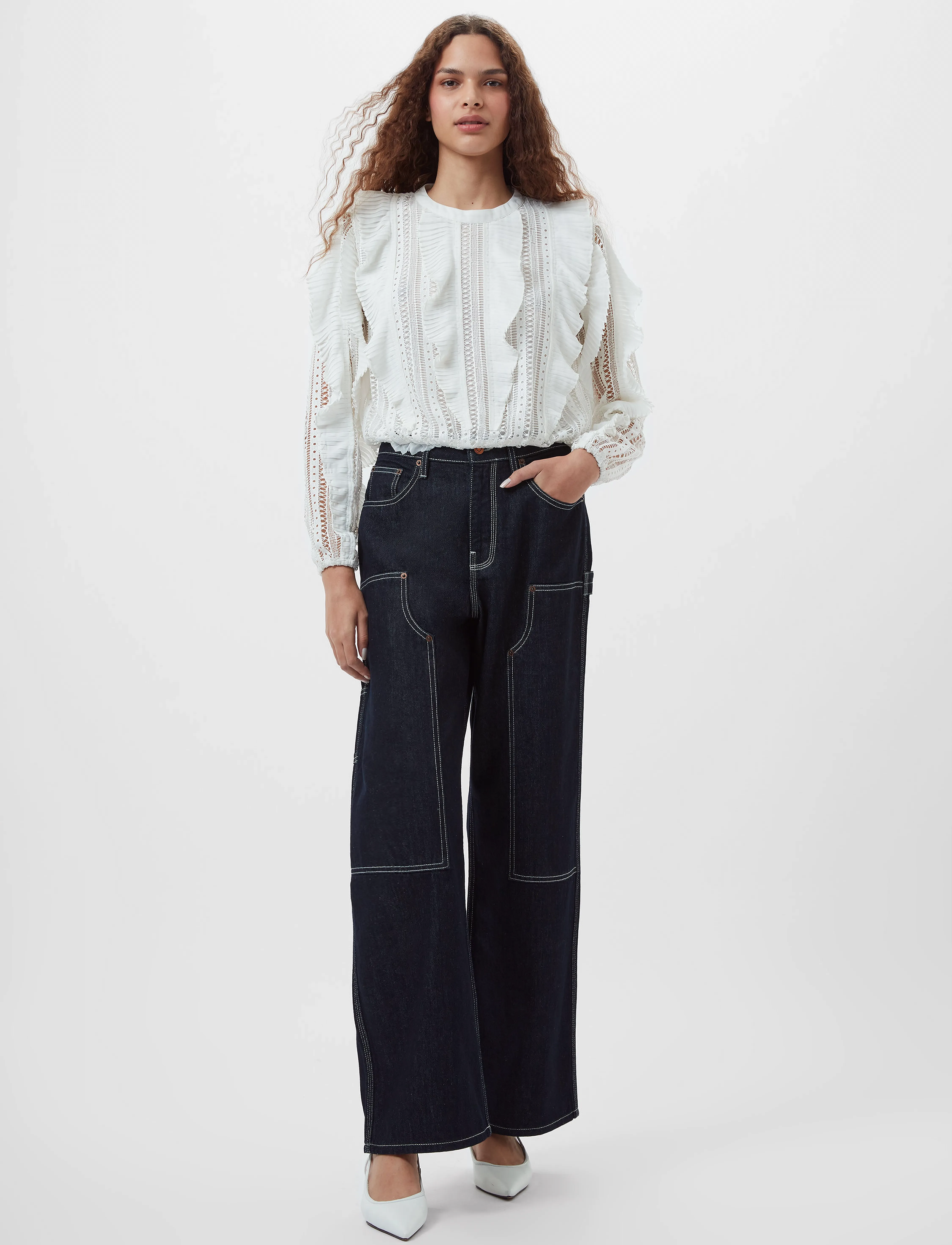 French Connection Annika Lace Frill Top, Kvinder, Blonde Flæse Top, Hvid, Str: 34