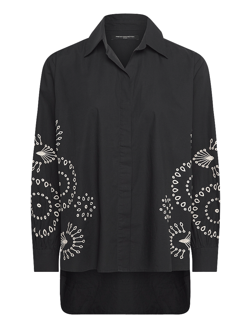 French Connection - CAMBRIA COTTON EMBROIDERED TOP - langärmlige hemden - black/cream - 1