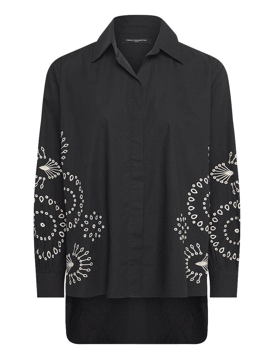 French Connection - CAMBRIA COTTON EMBROIDERED TOP - langerma skyrtur - black/cream - 1