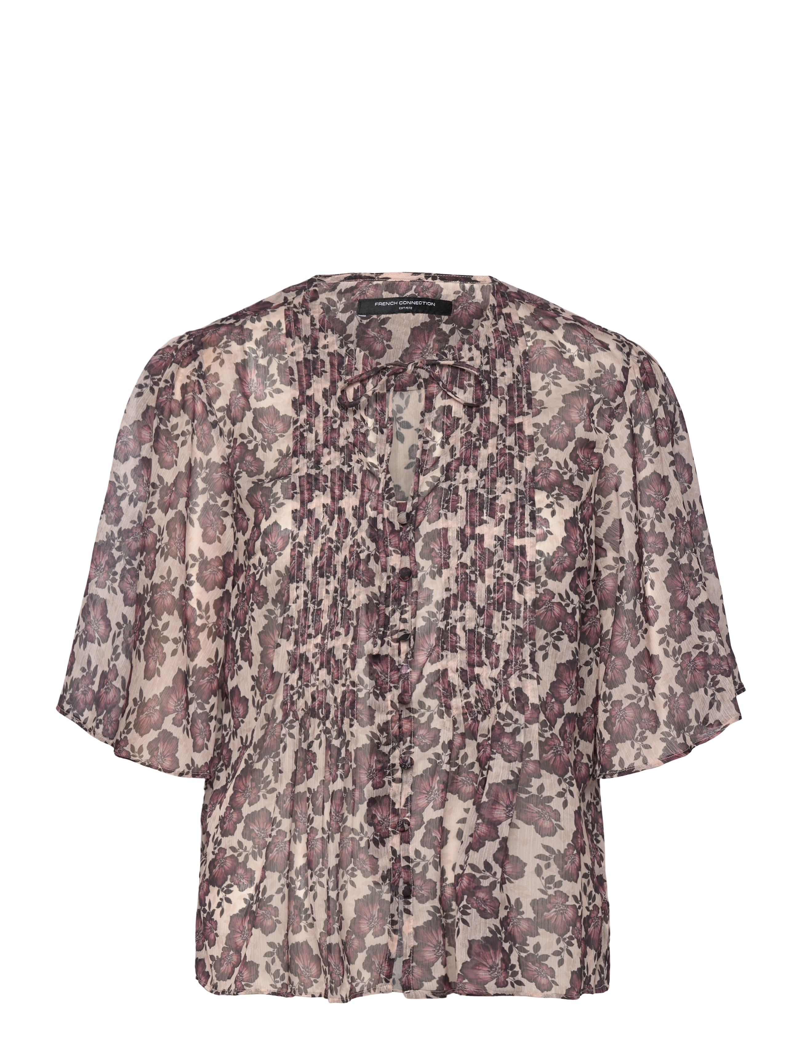 French Connection Elyse Hallie Crinkle Ss Top, Kvinder, Blomstret Plisseret Kortærmet Bluse, Brun, Str: 36