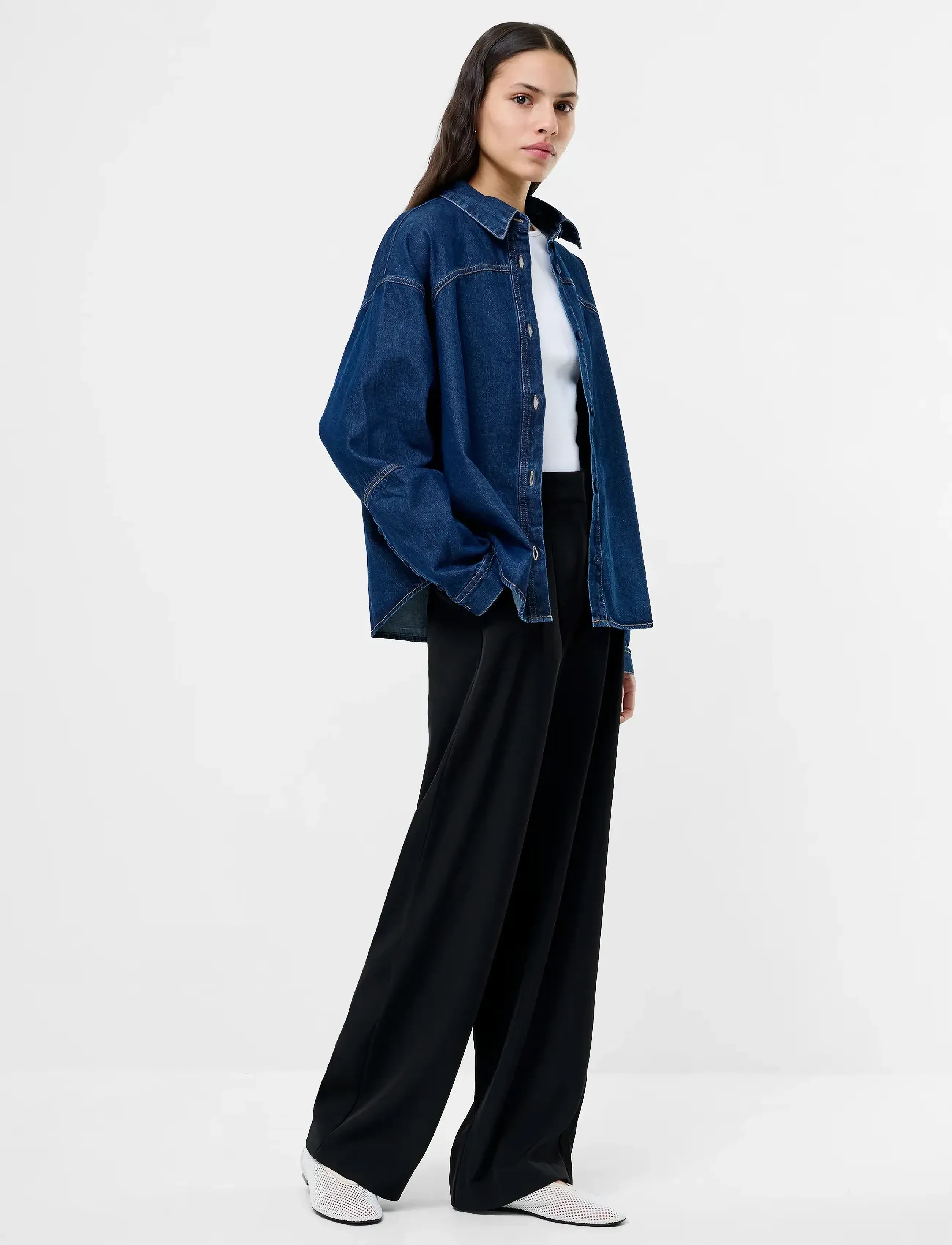 French Connection Archie Denim Crop Shirt, Kvinder, Kort Denim Skjorte, Navy, Str: S