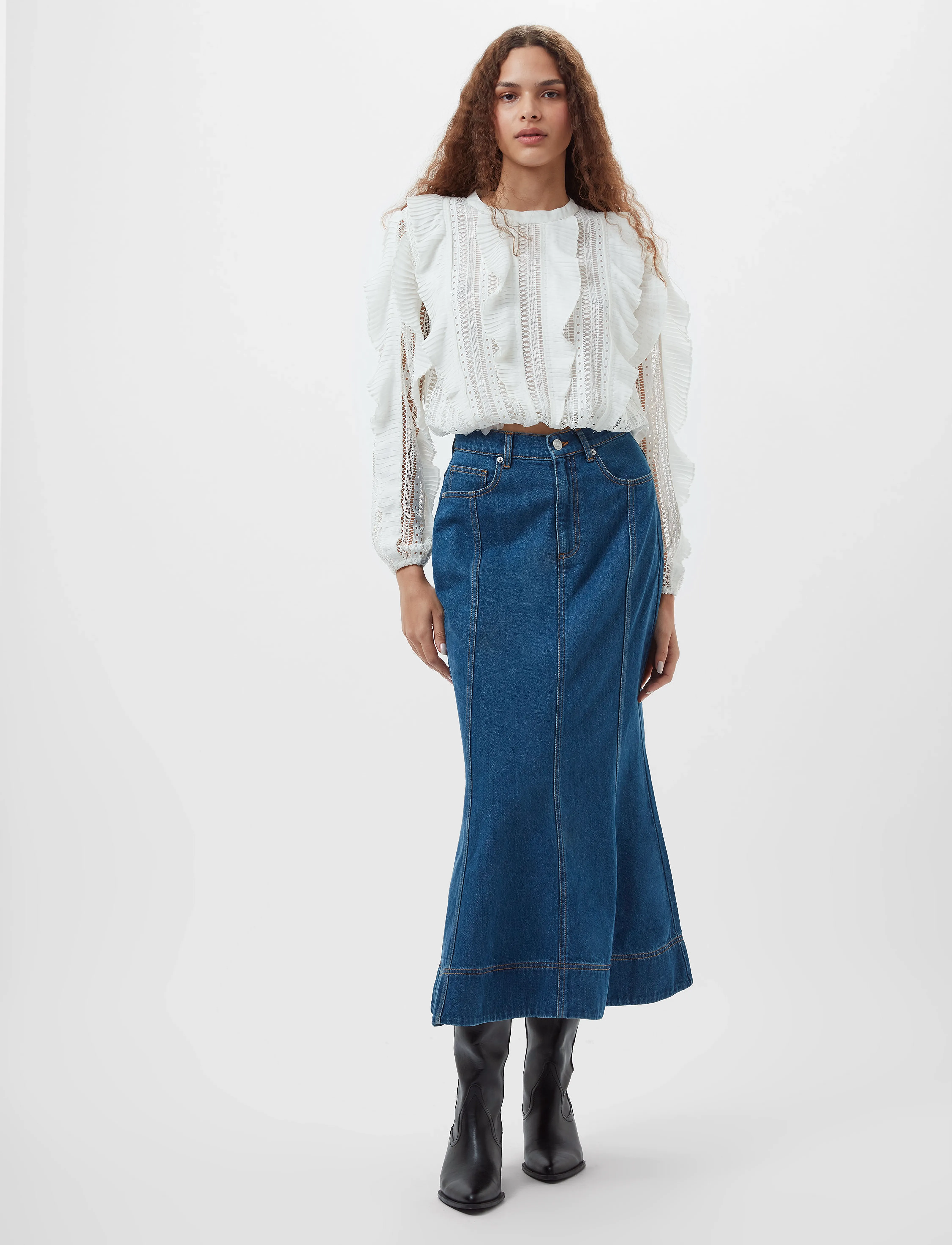 French Connection Denver Denim Flare Midi Skirt, 36, Blue, Nederdele > Knælange Og Midi Nederdele, Dame