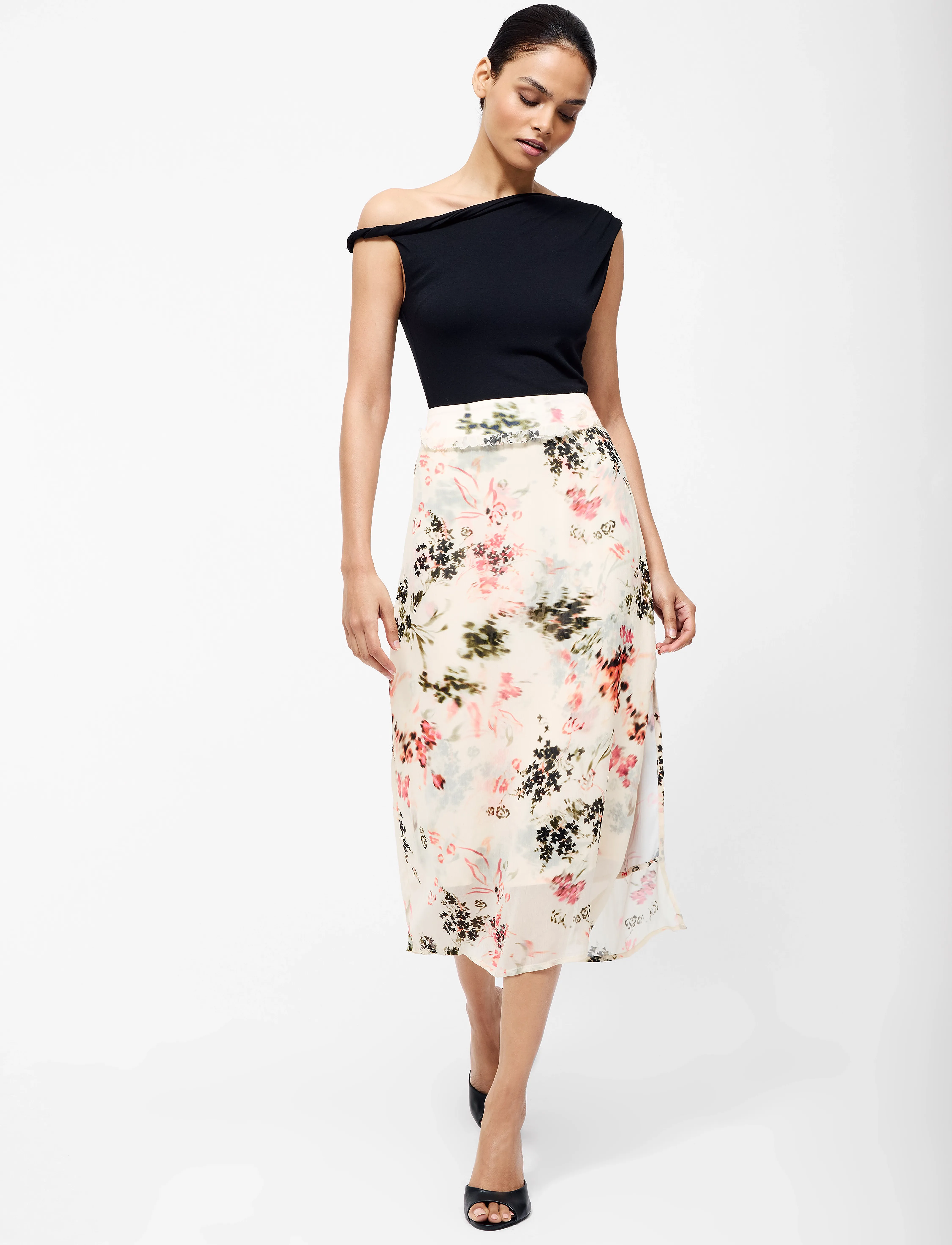 French Connection Candice Satin Ggt Overlay Skir, Kvinder, Blomstret Overlay Midi Nederdel, Pink, Str: 42
