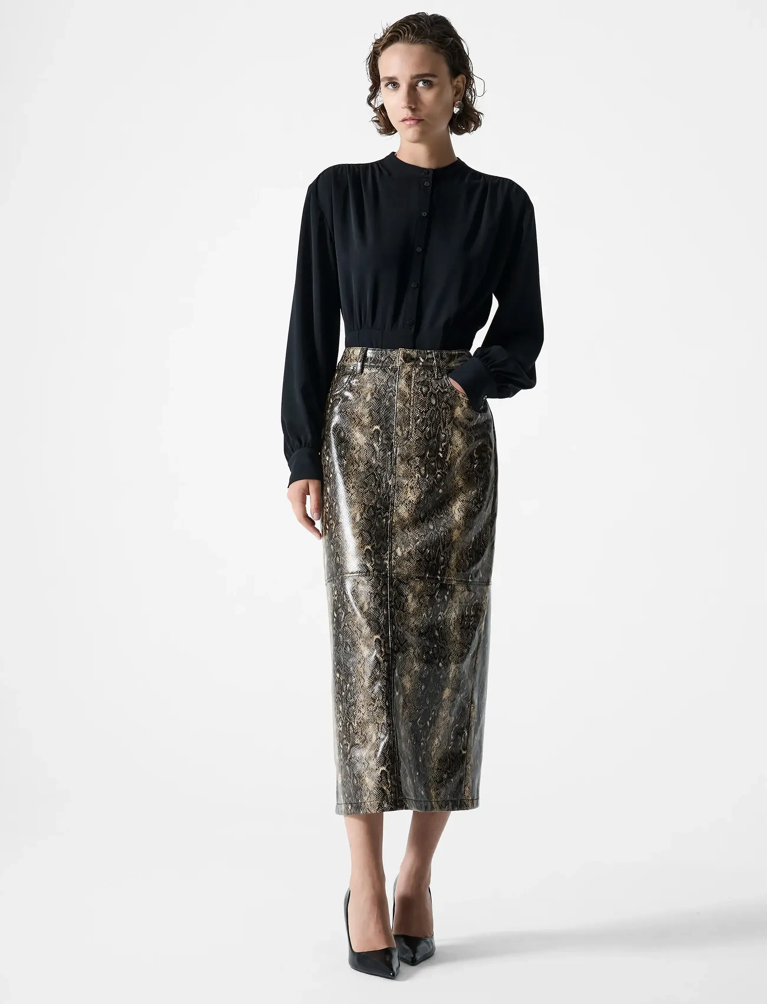 French Connection Brandy Snakeskin Pu Midi Skirt, Kvinder, PU Slangeskinds Midi Nederdel, Beige, Str: 40