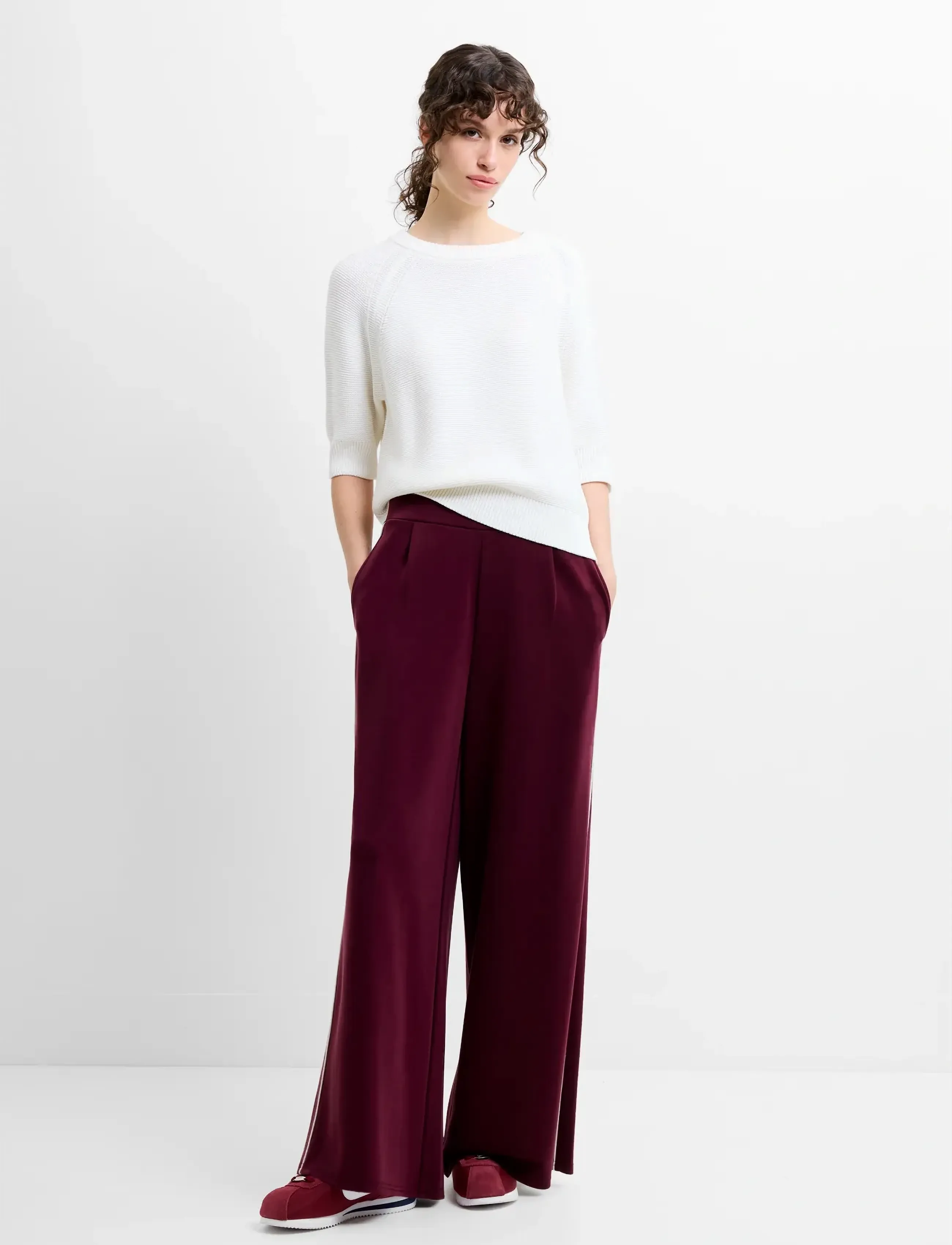 French Connection WREN SIDE STRIPE WIDE LEG TRSR - Hosen - BERRY RED/PORCELAIN / burgundy