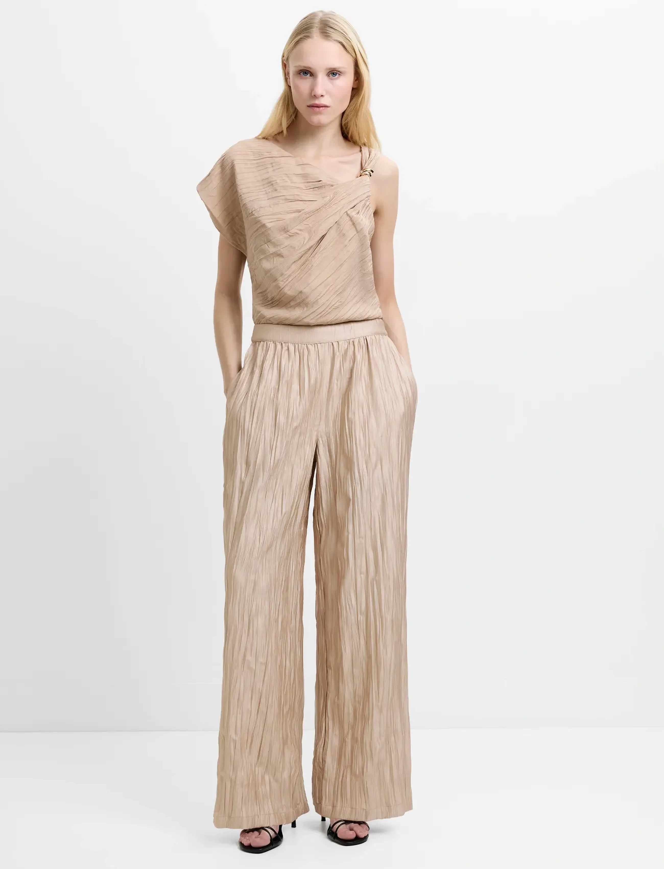 French Connection Novie Crinkle Trouser, M, Trousers, Beige - Wide Leg, Frauen