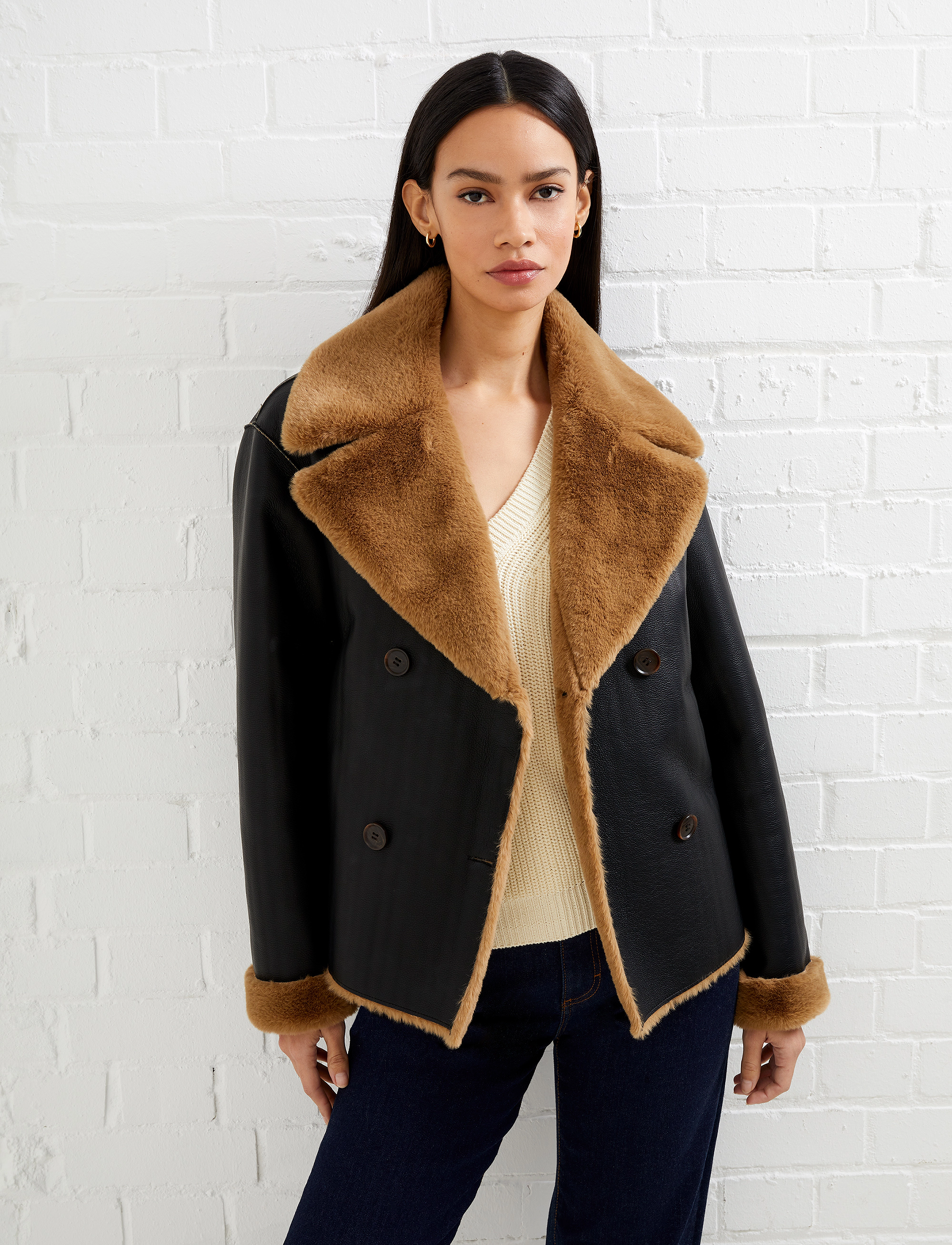French Connection - CERYS PU FAUX FUR JACKET - blackout/tobacco brw - 2