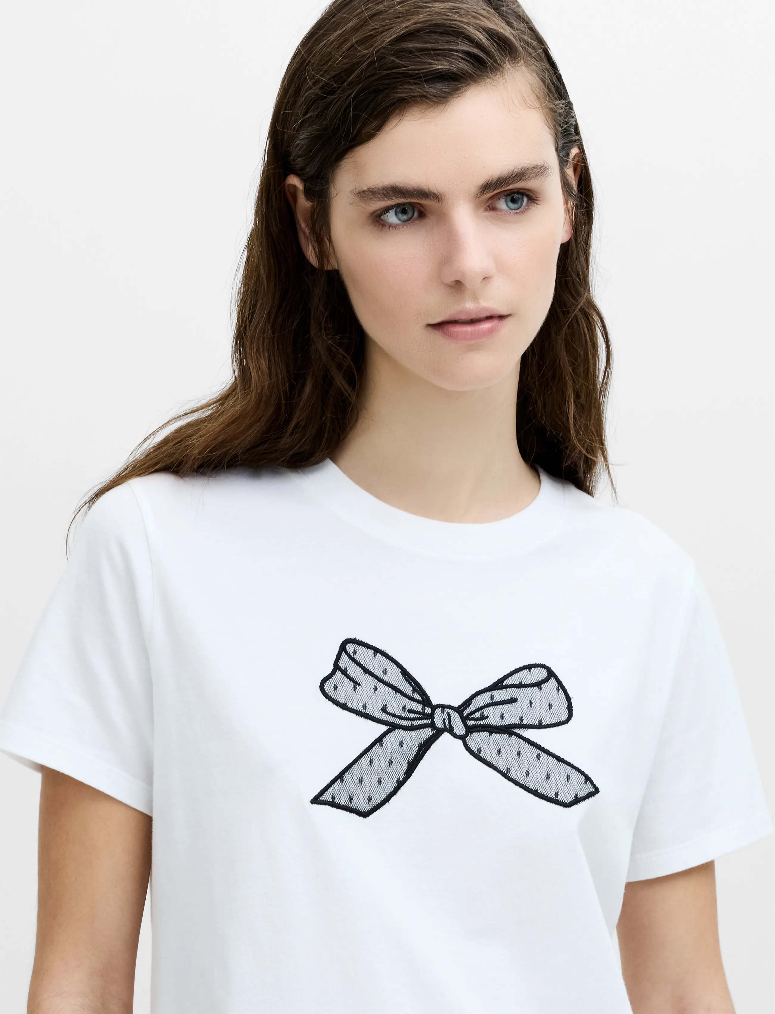 French Connection Mesh Bow Cotton T Shirt, Mesh Sløjfe T-Shirt, Hvid, Str: M