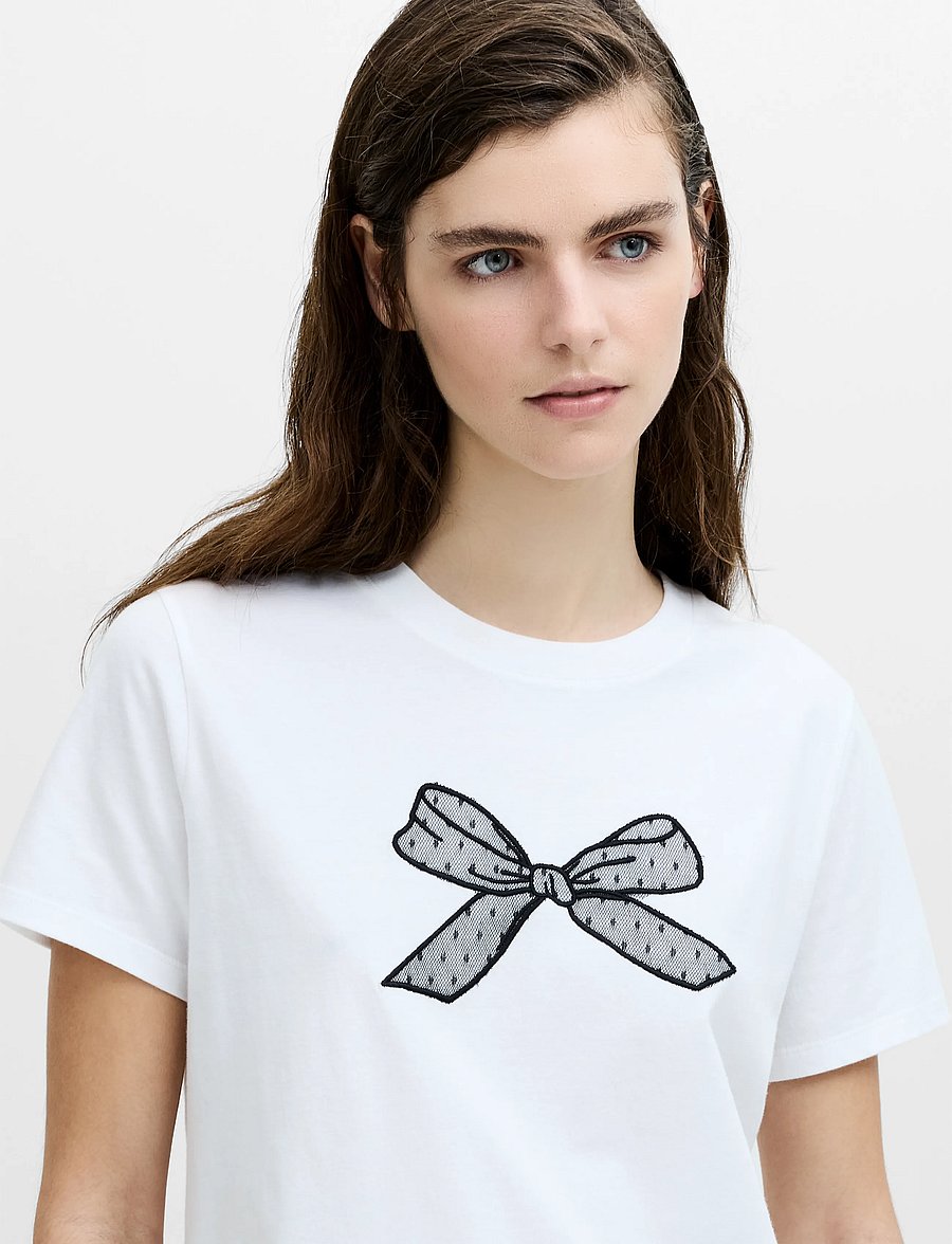 French Connection - MESH BOW COTTON T SHIRT - linen white/black - 0