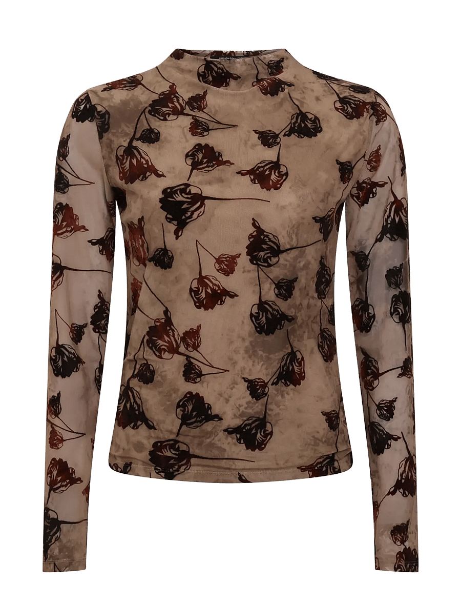 French Connection - TIA ROSE MESH VELVET BURNOUT TOP - chocolate brown - 1