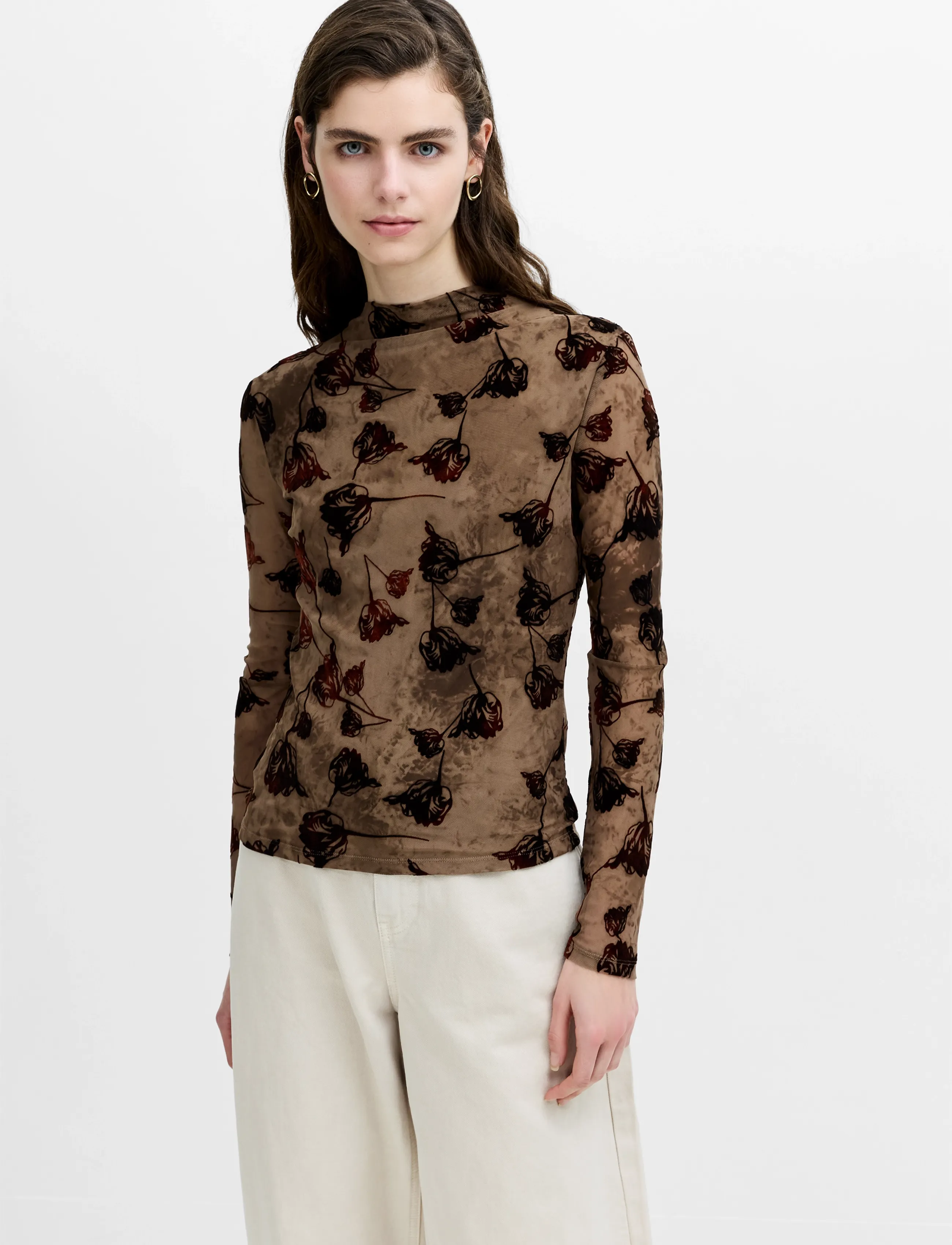 French Connection TIA ROSE MESH VELVET BURNOUT TOP - T-shirts & Toppe - CHOCOLATE BROWN / brown