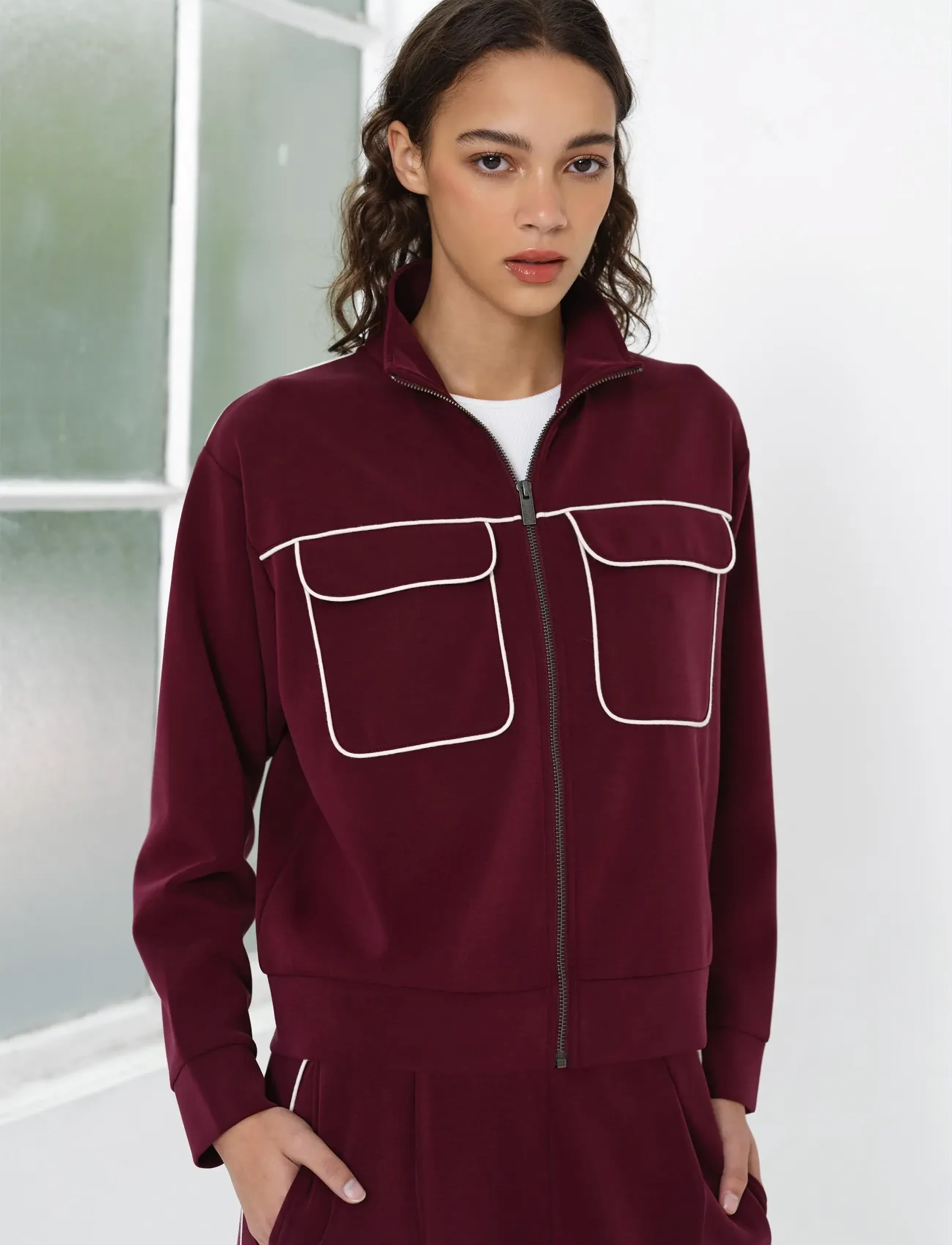 French Connection Wren Jersey Zip Up L/S Sweat, XL, Burgundy, Sport Jackets > Sport Training Jackets, Dame