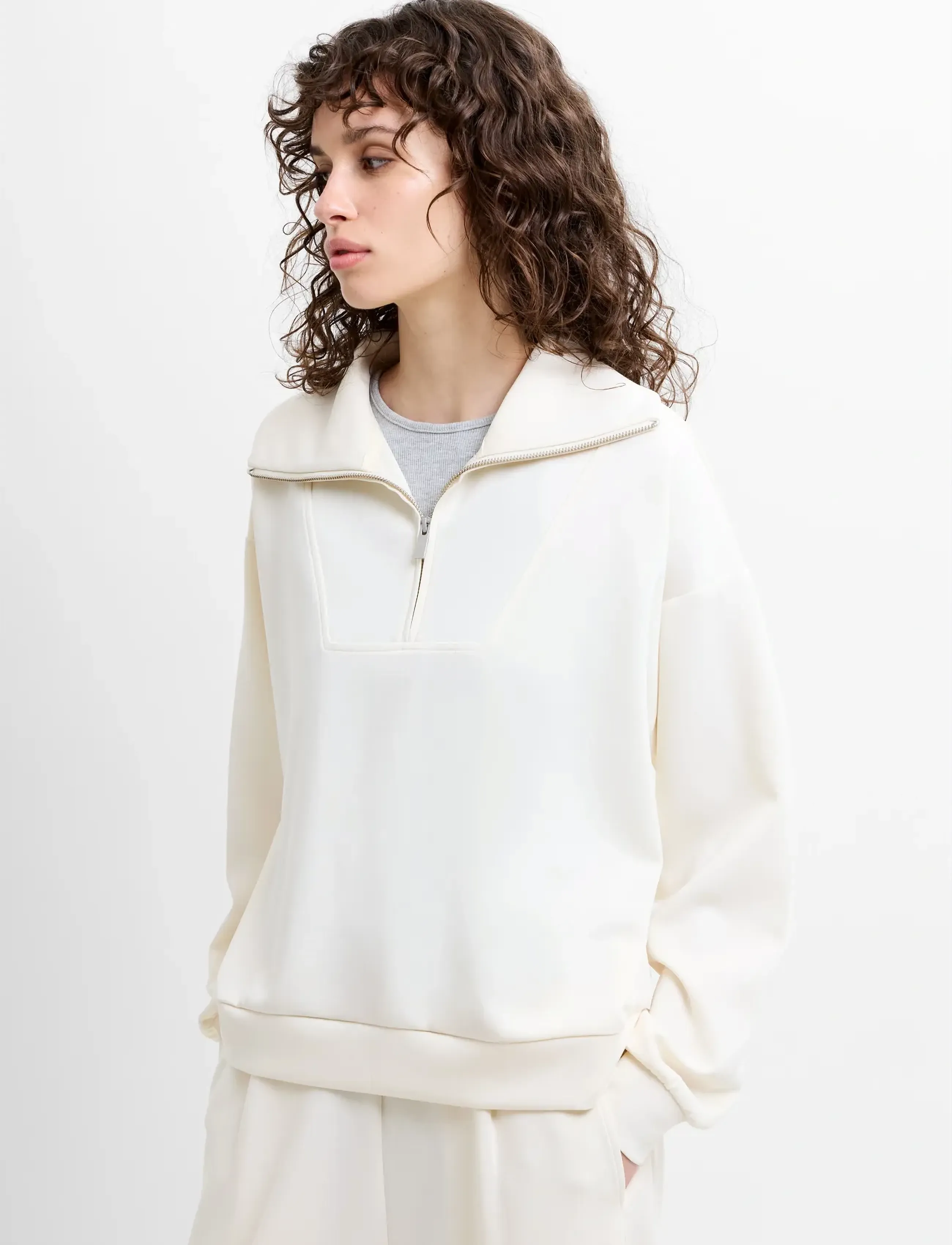 French Connection Wren Half Zip Sweatshirt, Kvinder, Halv Lynlås Sweatshirt, Cream, Str: XS