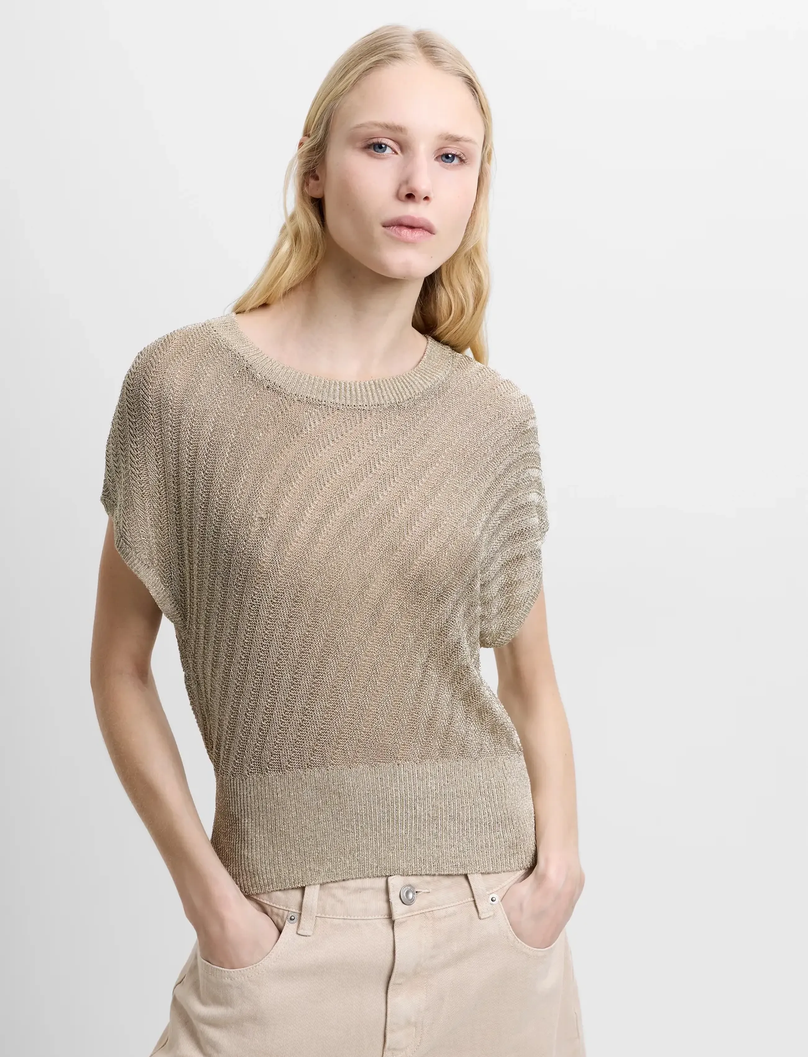 French Connection Jada Metallic Knit Top, M, Beige, T-Shirts & Toppe > Kortærmede, Dame