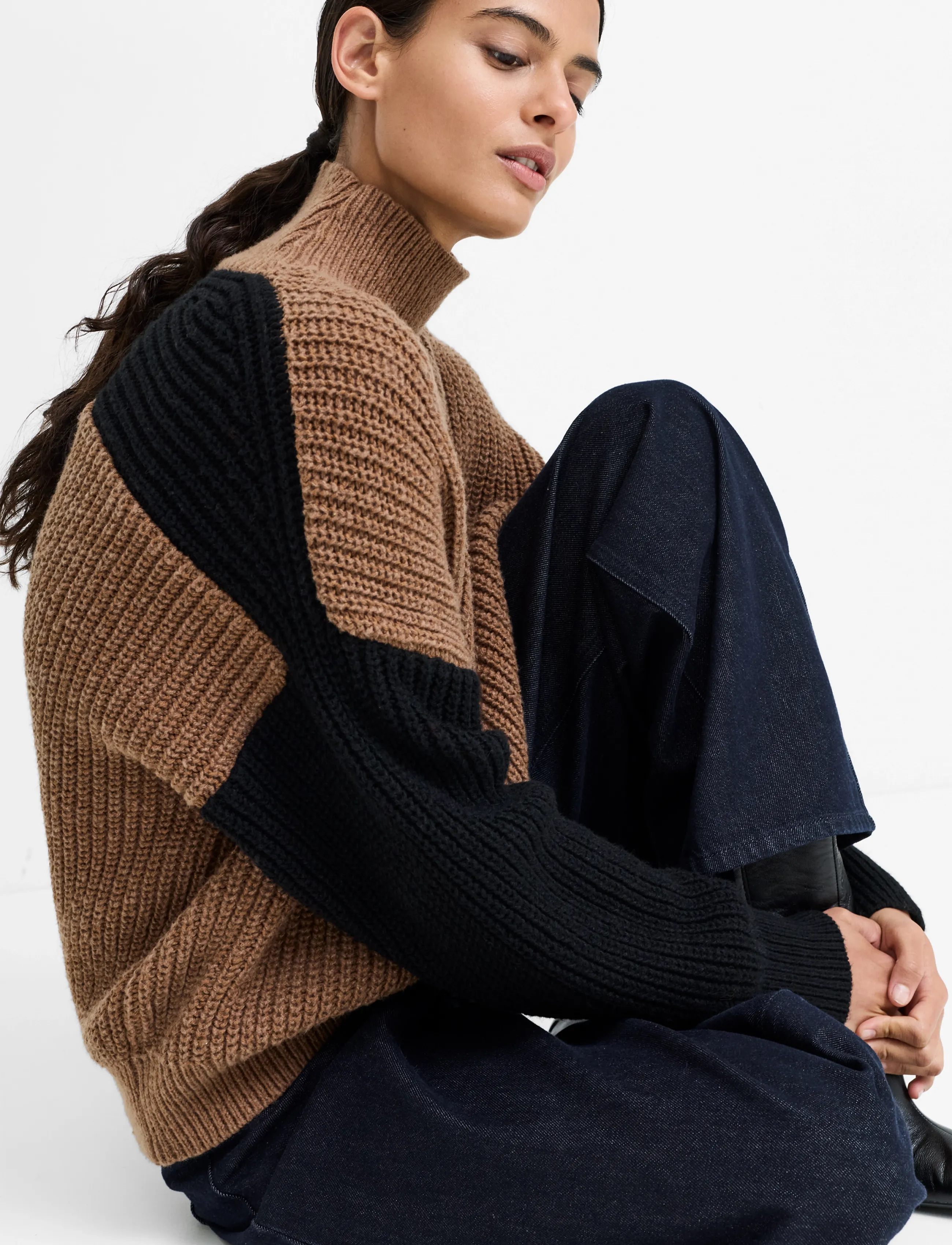 French Connection - IONA KNIT COLOUR BLOCK JUMPER - jumpers - black/toffee brown - 2