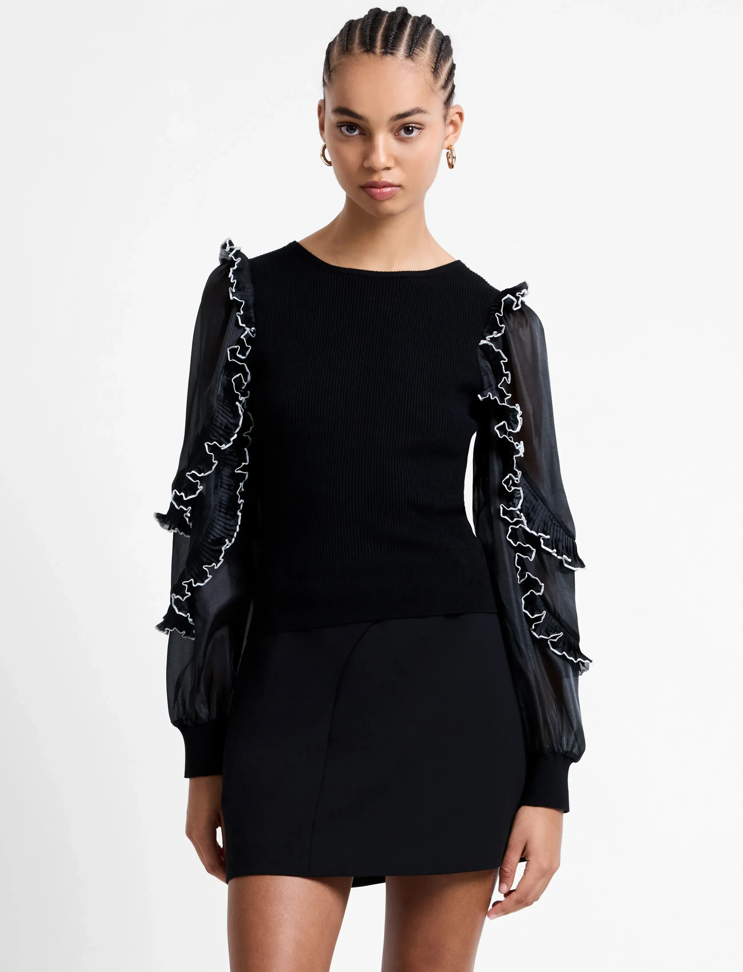 French Connection Krista Mix Ruffle Trim Slv Top, S, Black, Bluser > Langærmede, Dame