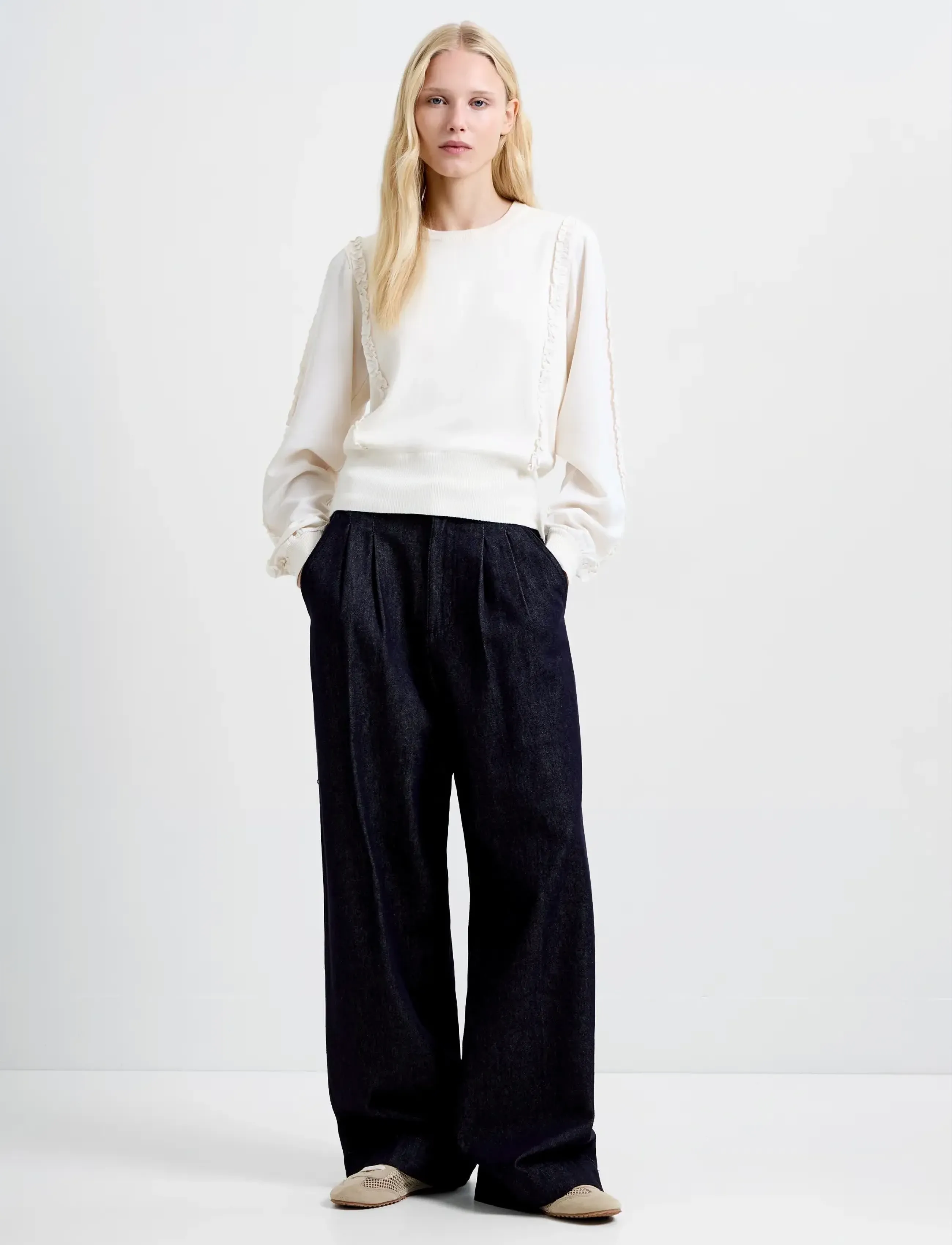 French Connection Krista Mix Ruffle Slv Jumper, XS, Cream, Strik > Trøjer, Dame