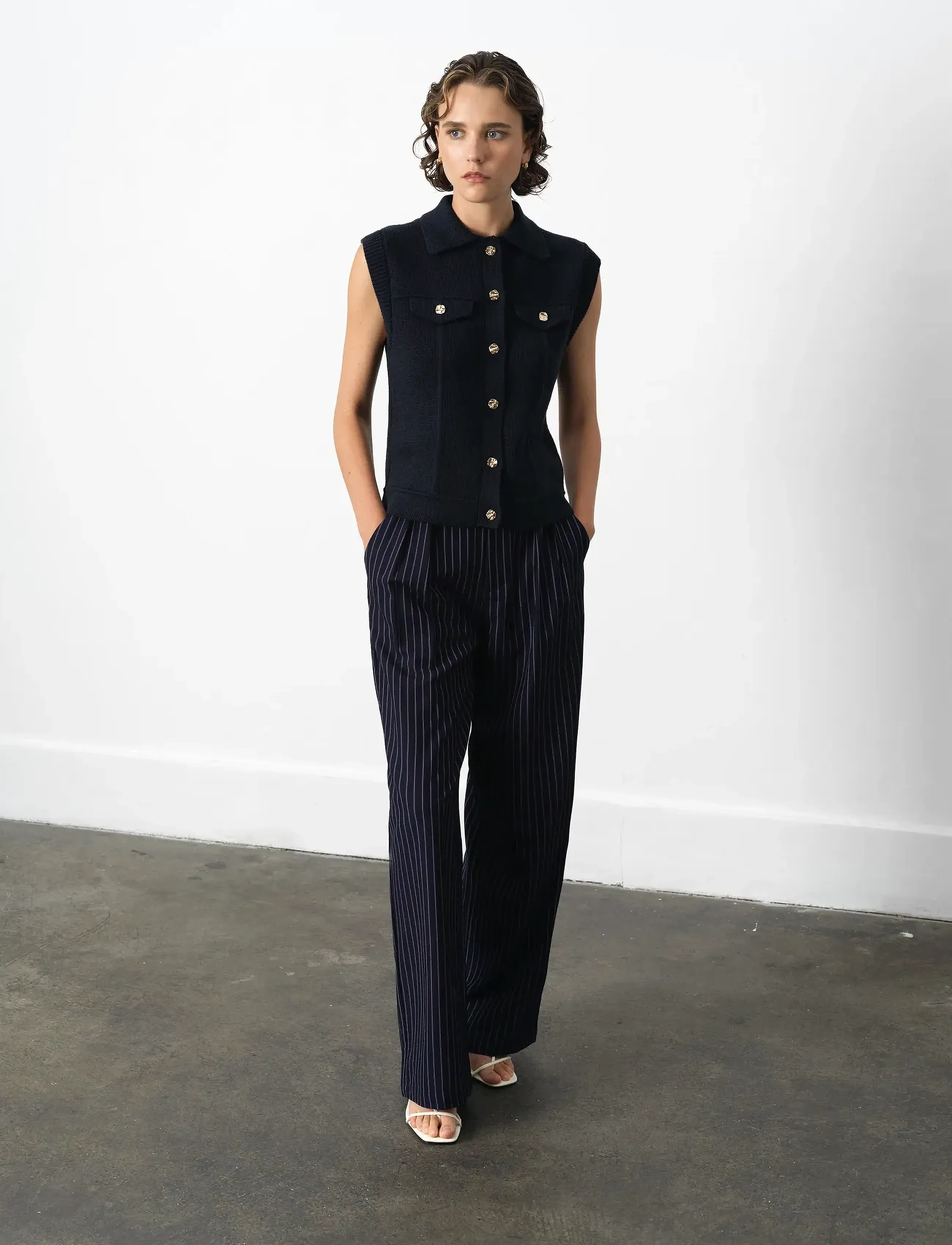 French Connection Roland Knit Collared Gilet, L, Navy, Veste > Strikkede Veste, Dame