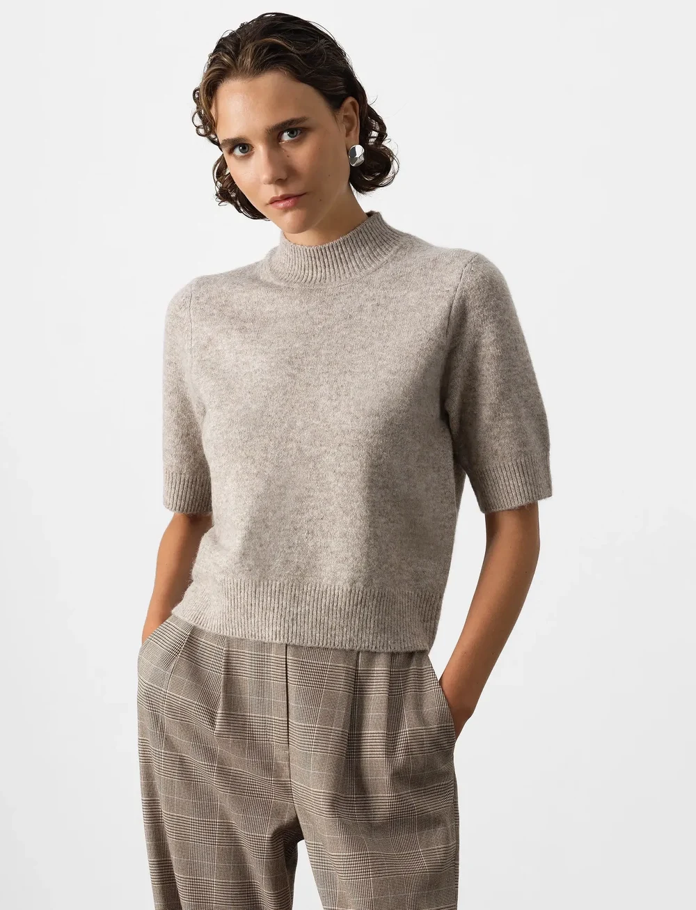 French Connection - KEZIA S/S MOCK NK TOP - stickade tröjor - almond neutral - 2