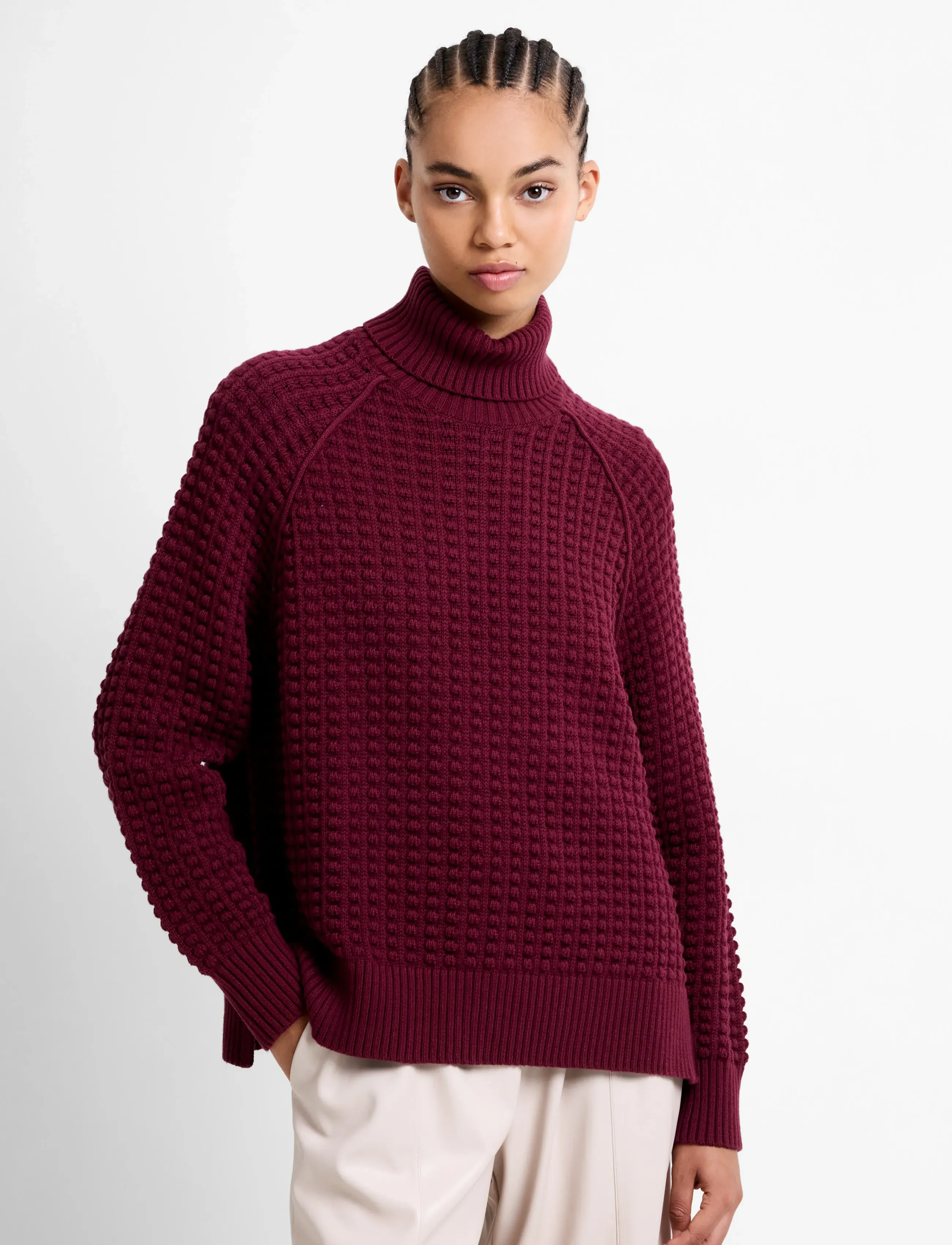 French Connection Keya Popcorn Ls High Nk Jumper, XL, Burgundy, Strik > Rullekrave, Dame
