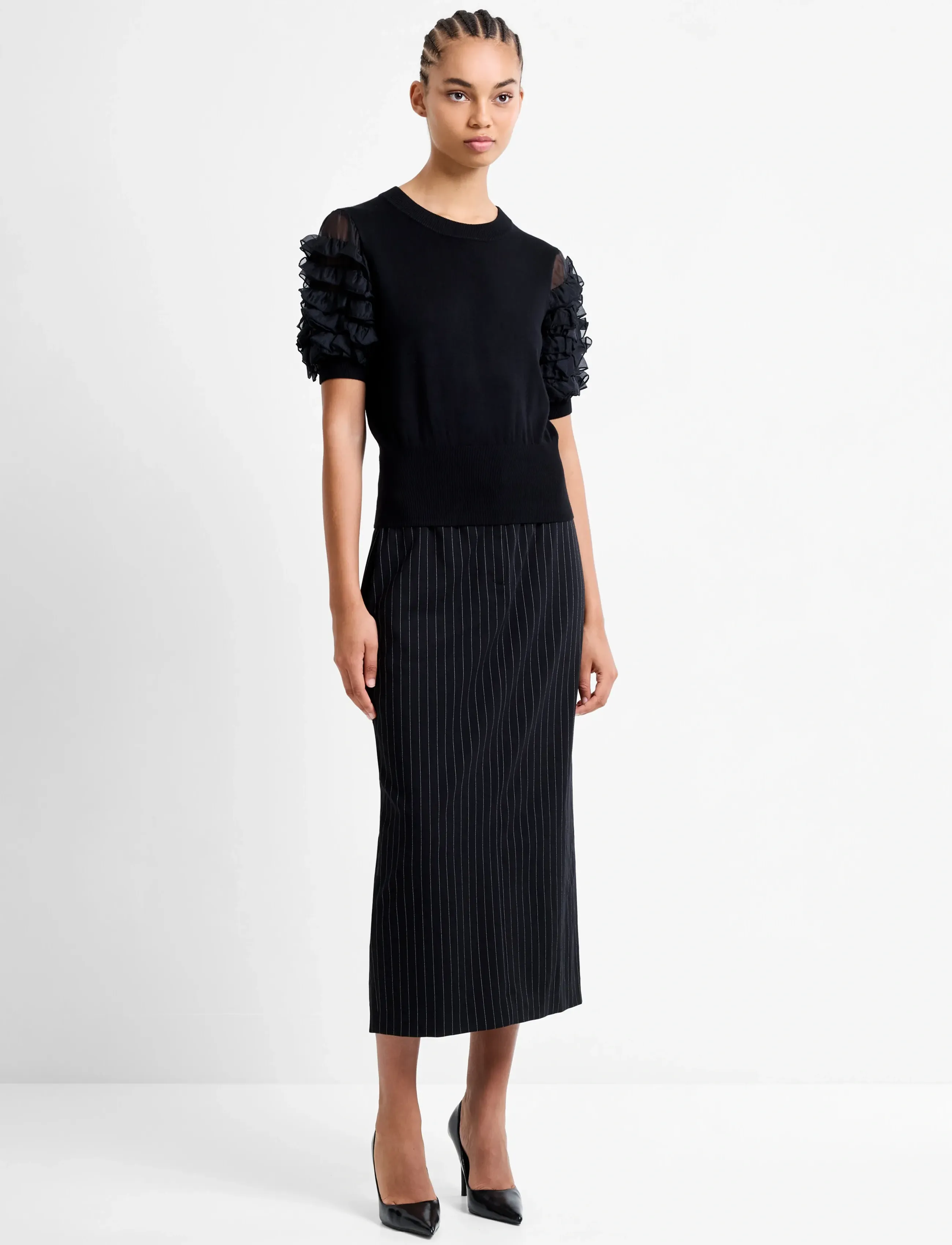 French Connection Krista Mix Stacked Ruffle Top, S, Black, Bluser > Kortærmede, Dame