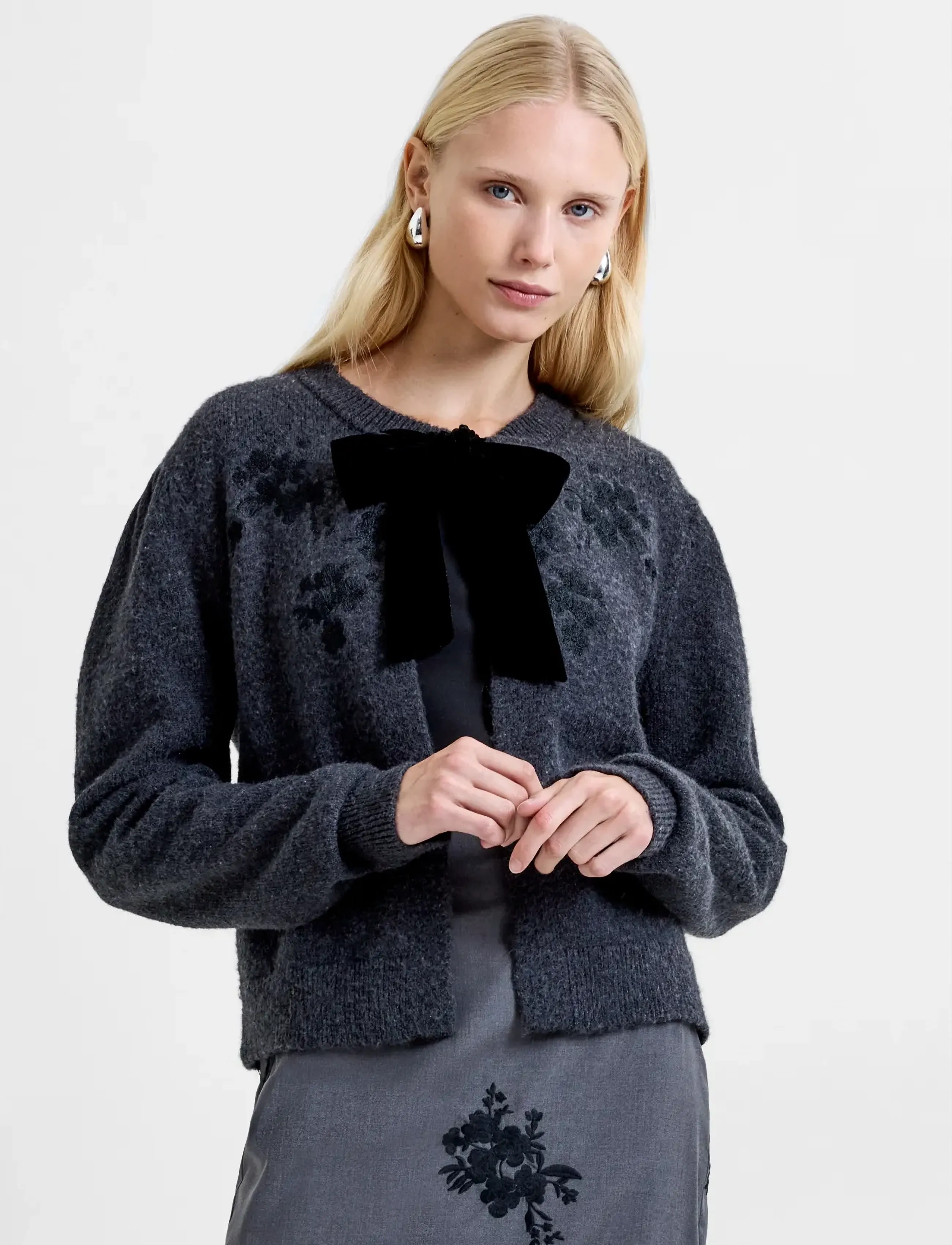 French Connection Irma Front Bow Cardigan, Kvinder, Sløjfe Cardigan, Grå, Str: S