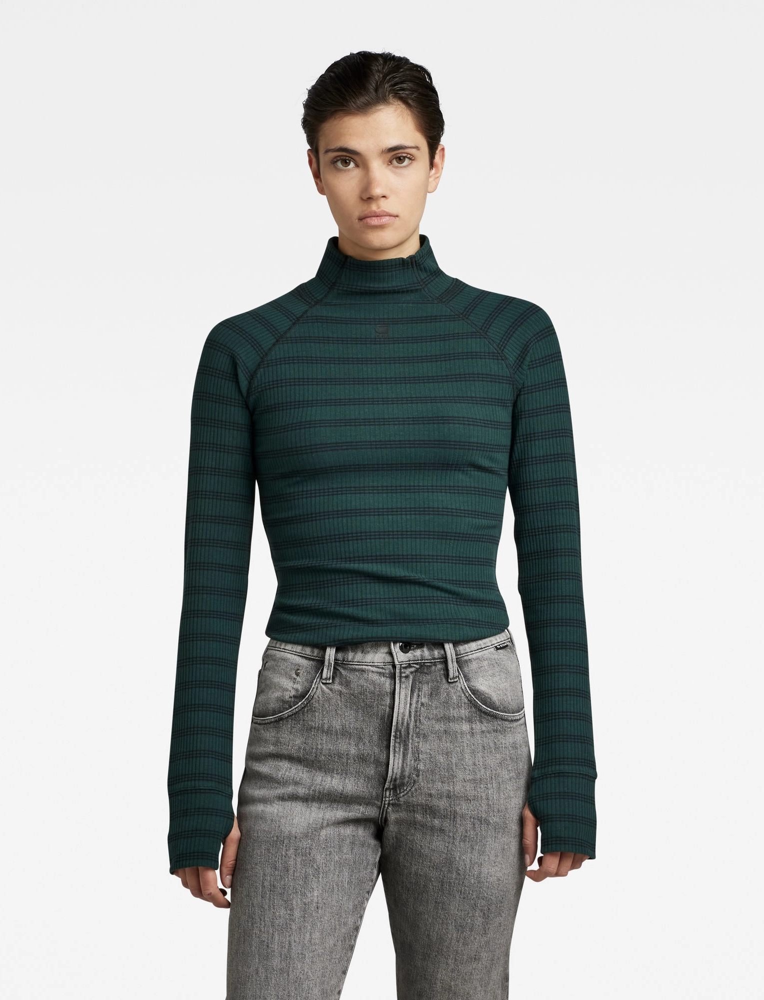 G-Star RAW - Rib mock slim stripe l\s wmn - laub/caviar stripe - 2