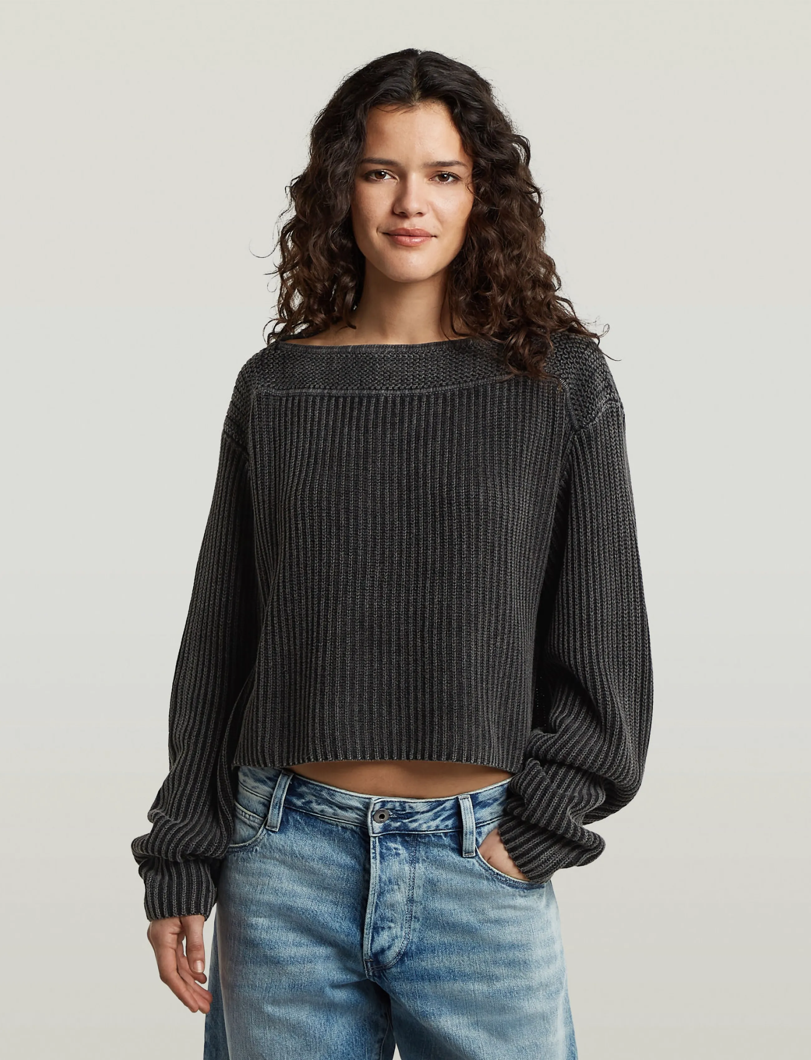 G-Star - Washed open neck knit wmn - crop tops - dk black gd - 0